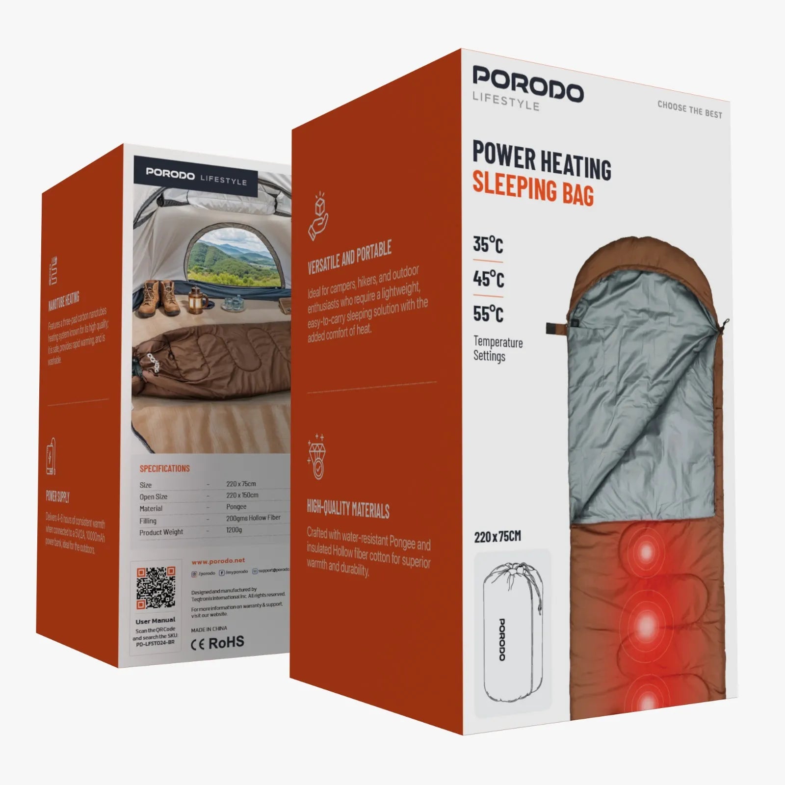 Porodo Lifestyle Power Heating Sleeping Bag Adjustable Temperature 35°C–55°C – Brown