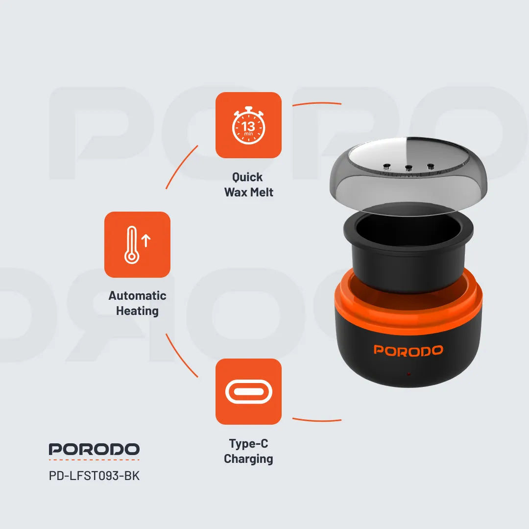 Porodo Lifestyle Wax Warming Hair Removal Kit with Automatic Heating & Type-C Charging – Black