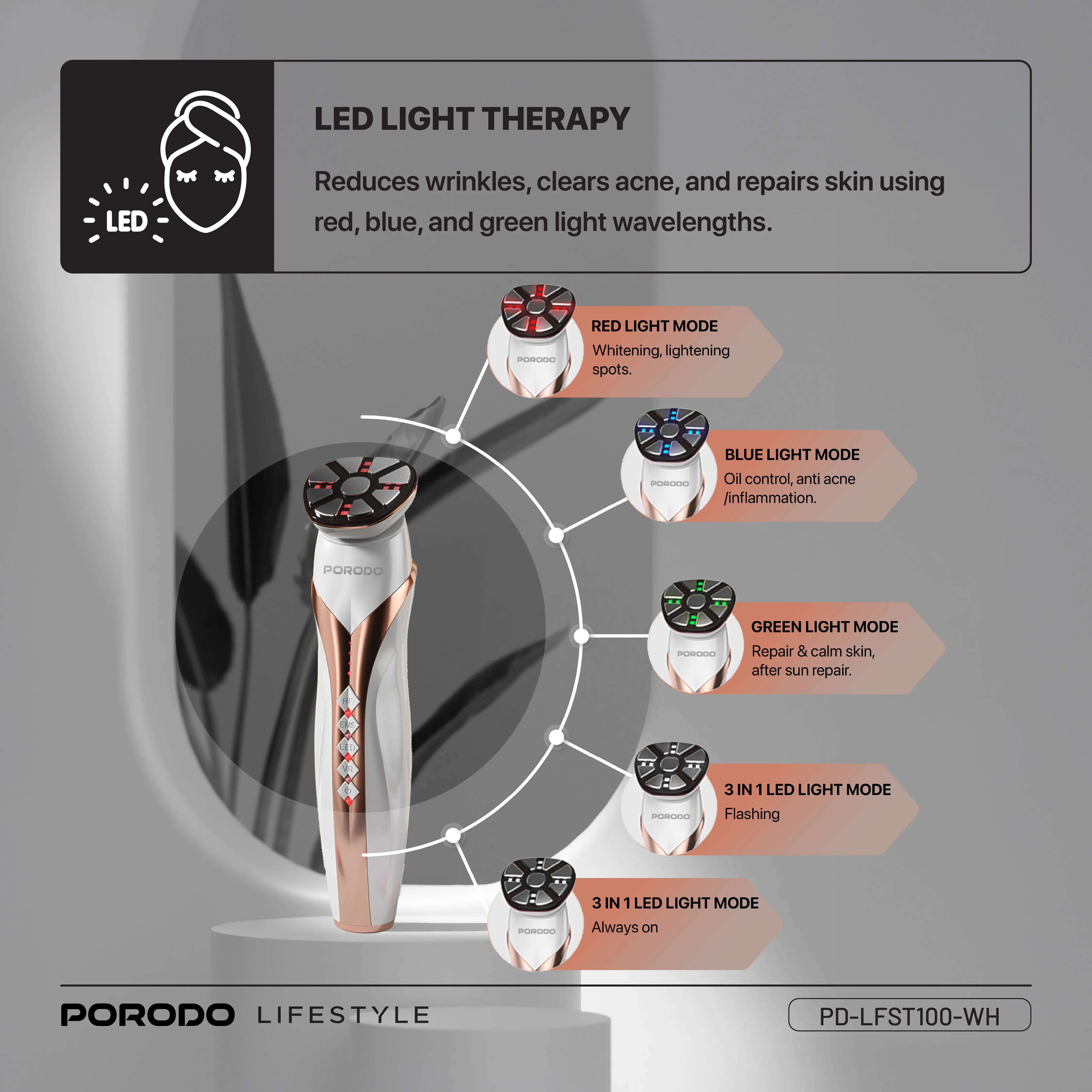 Porodo RF & EMS Skin Rejuvenator 4-in-1 LED Light Therapy Face Massager