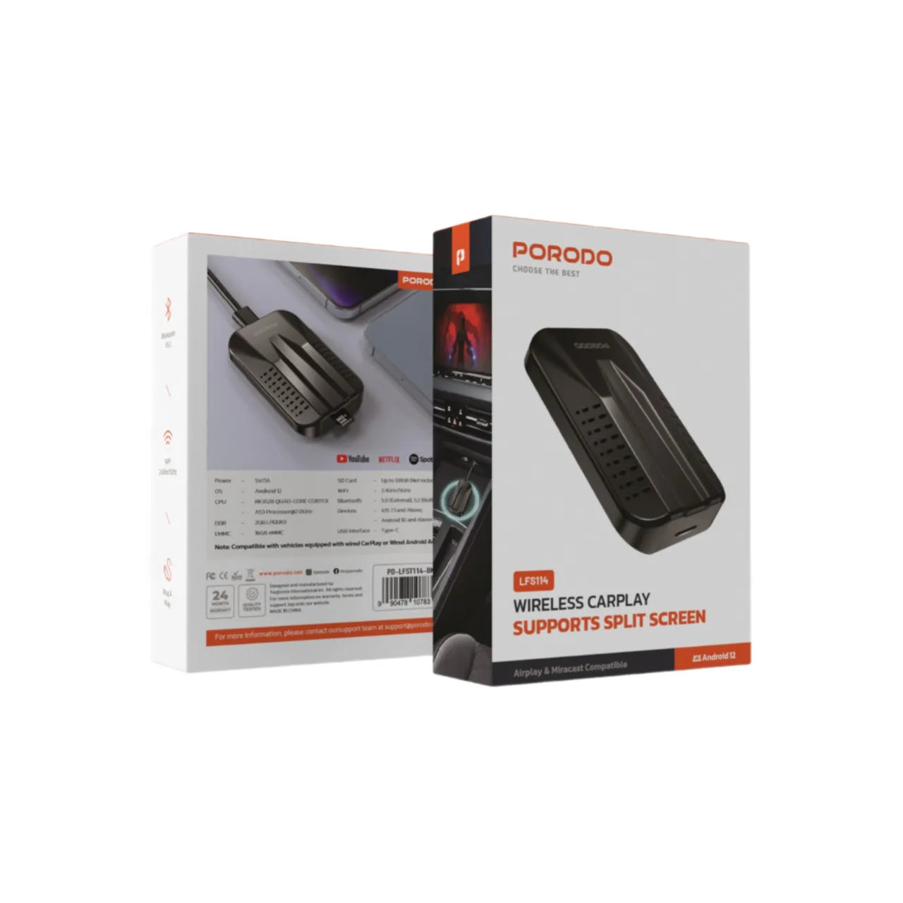 Wireless CarPlay Adapter Android 12 128GB USB-C Built-in – Black - Porodo