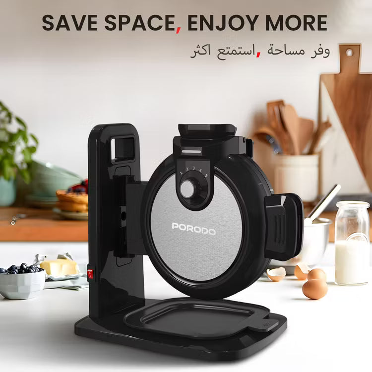 ماكينة وافل Porodo Vertical Waffle Maker بقدرة 800 واط مع مستويات حرارة قابلة للتعديل