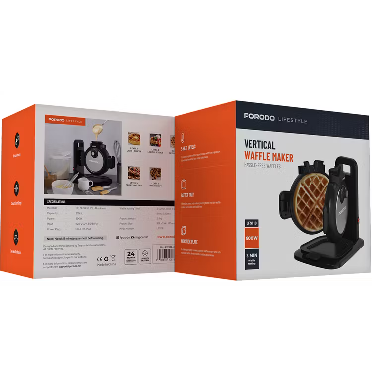 ماكينة وافل Porodo Vertical Waffle Maker بقدرة 800 واط مع مستويات حرارة قابلة للتعديل