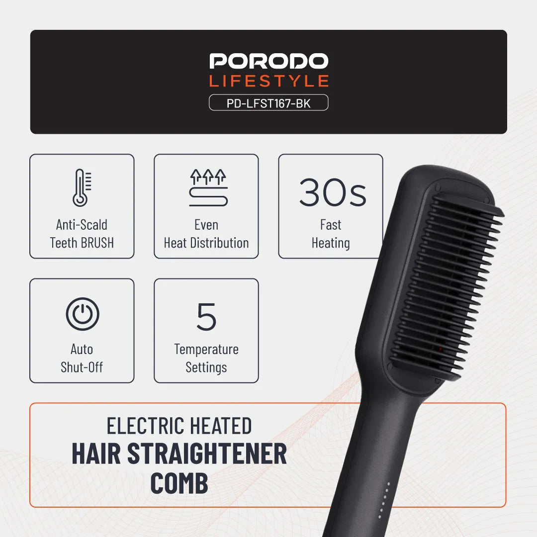 Porodo Lifestyle Electric Heated Hair Straightener Comb 33W with 5 Temperature Settings