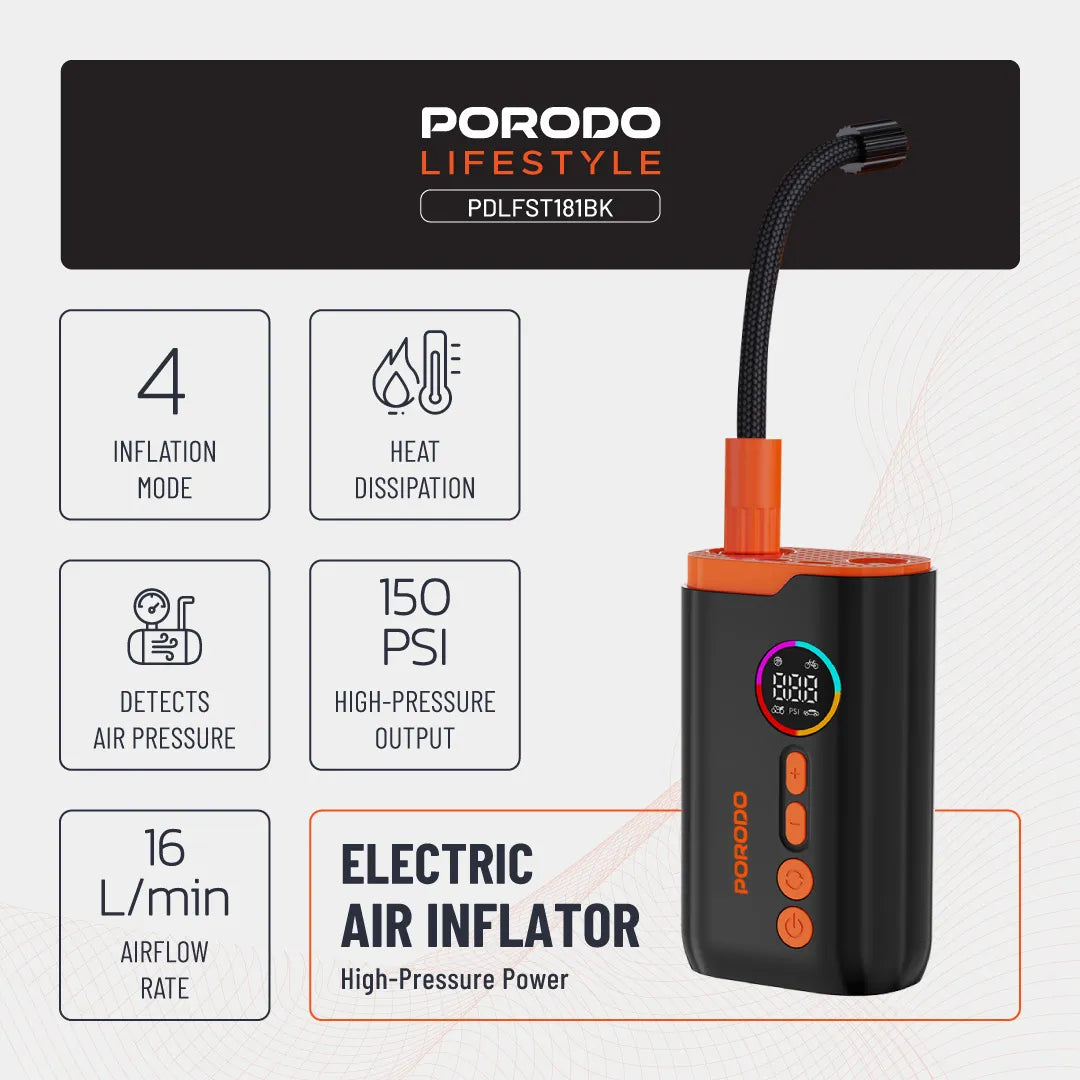 Electric Air Inflator 150 PSI Portable Digital Air Pump with LED Display & Multiple Modes – Porodo