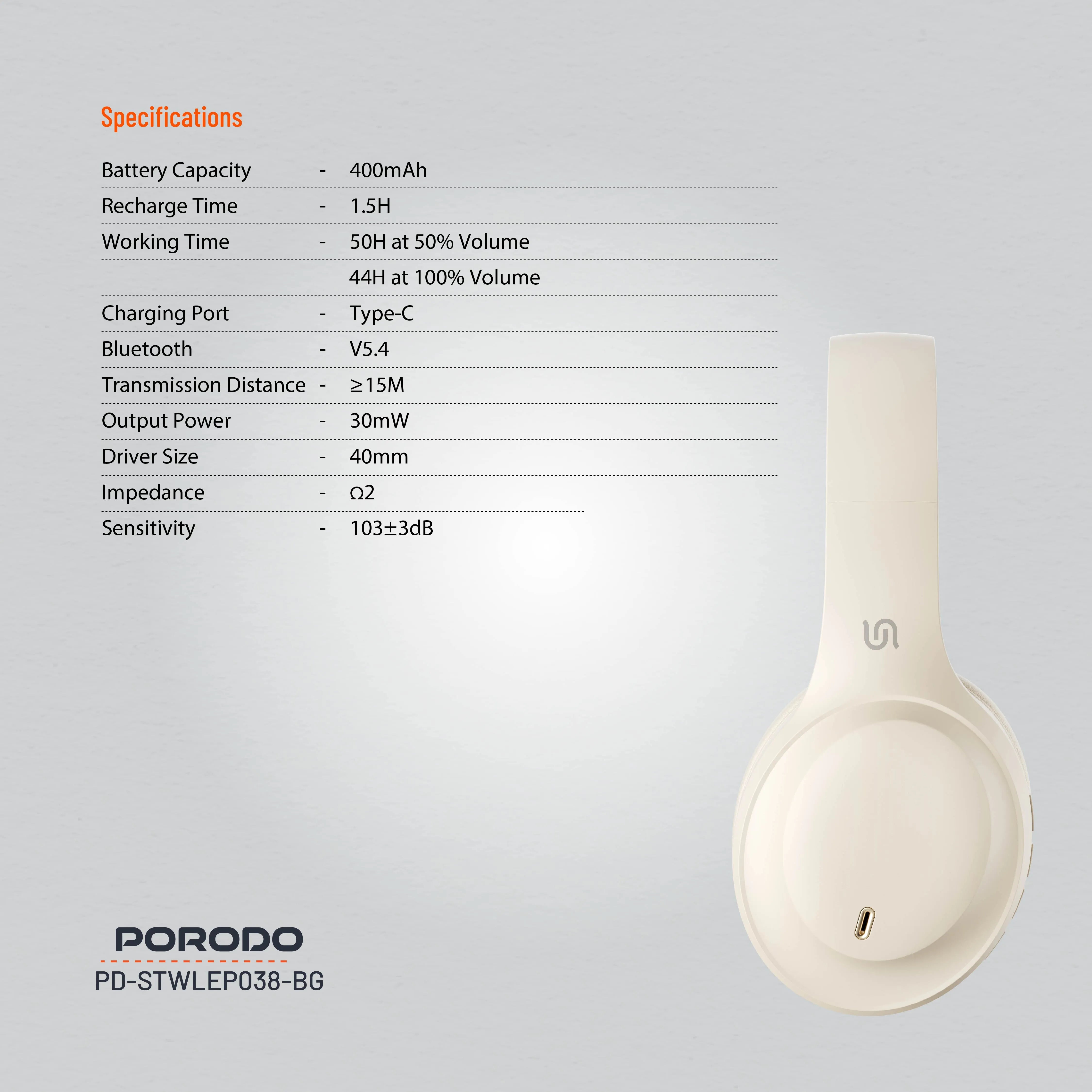 سماعات Porodo Soundtec Primo اللاسلكية مع ENC ووضع الألعاب منخفض التأخير – أسود / بيج