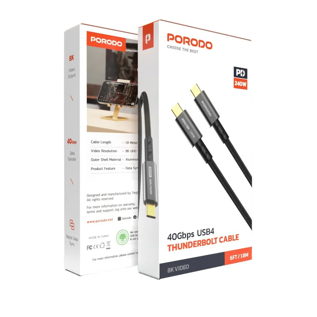 USB-C to USB-C Woven Cable 240W 40Gbps 8K 60Hz Fast Charging – Black - Porodo