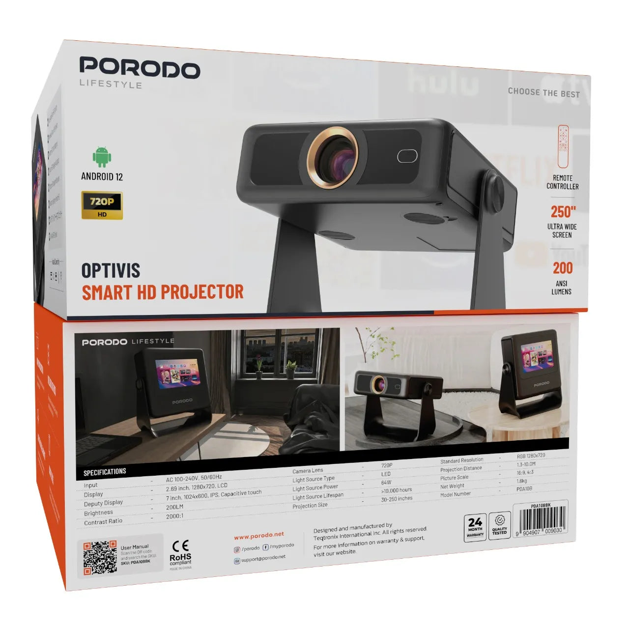 Smart HD Projector with Android 12, Auto Focus & 250” Display – Porodo Lifestyle