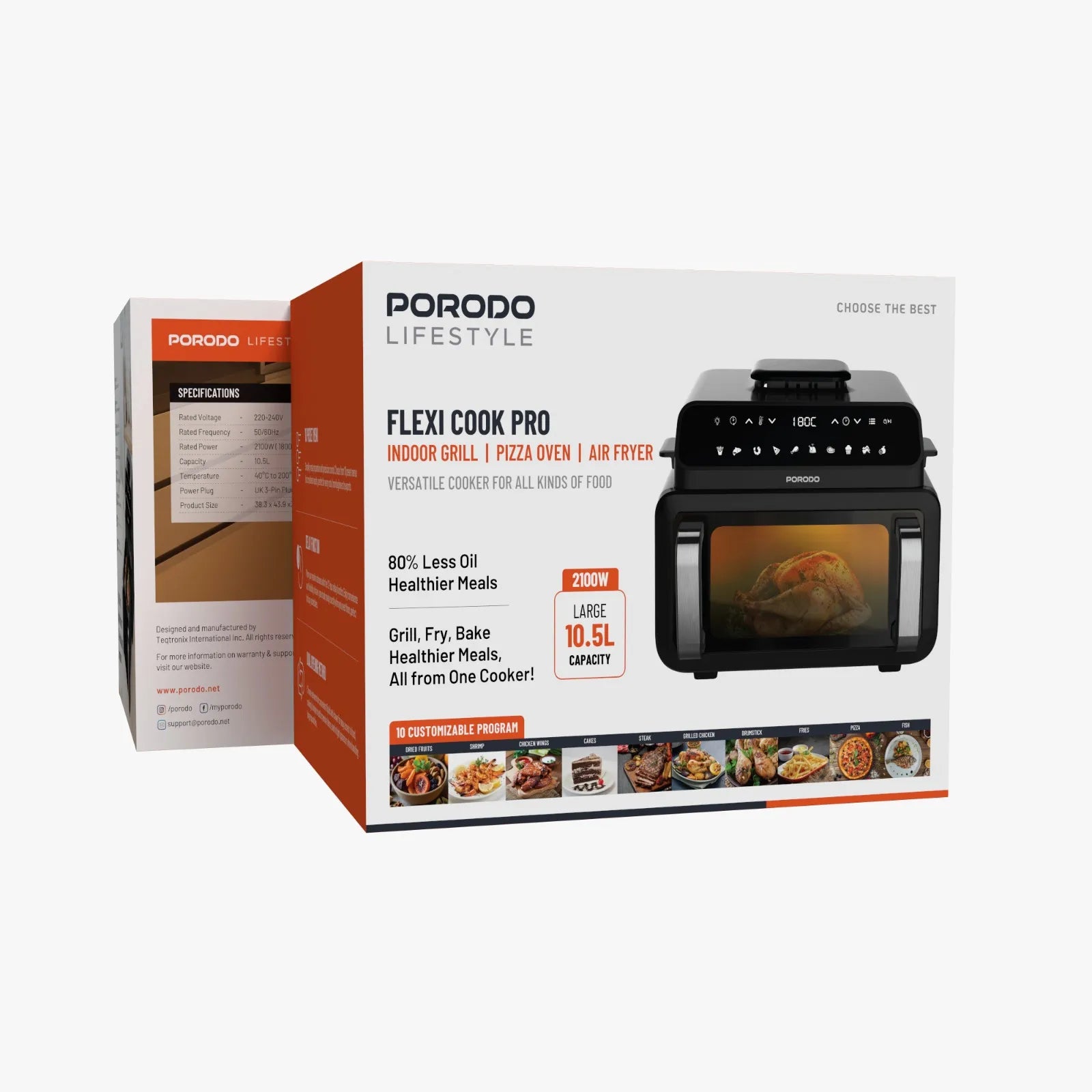 Porodo Lifestyle Flexi Cook Pro 10.5L Air Fryer & Indoor Grill – 2100W