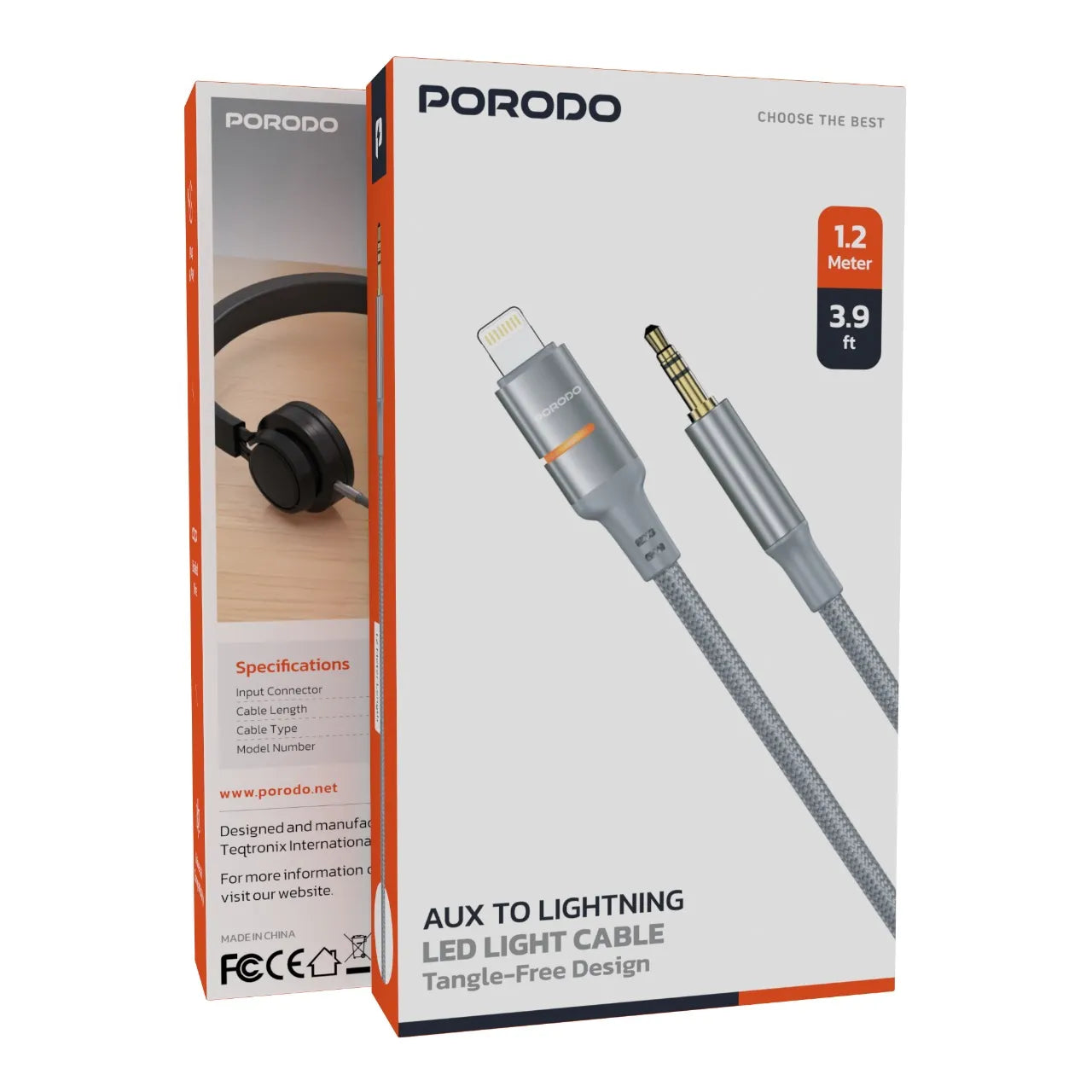 Porodo USB2.0 Lightning to 3.5mm Braided Audio Cable 1.2M - Grey