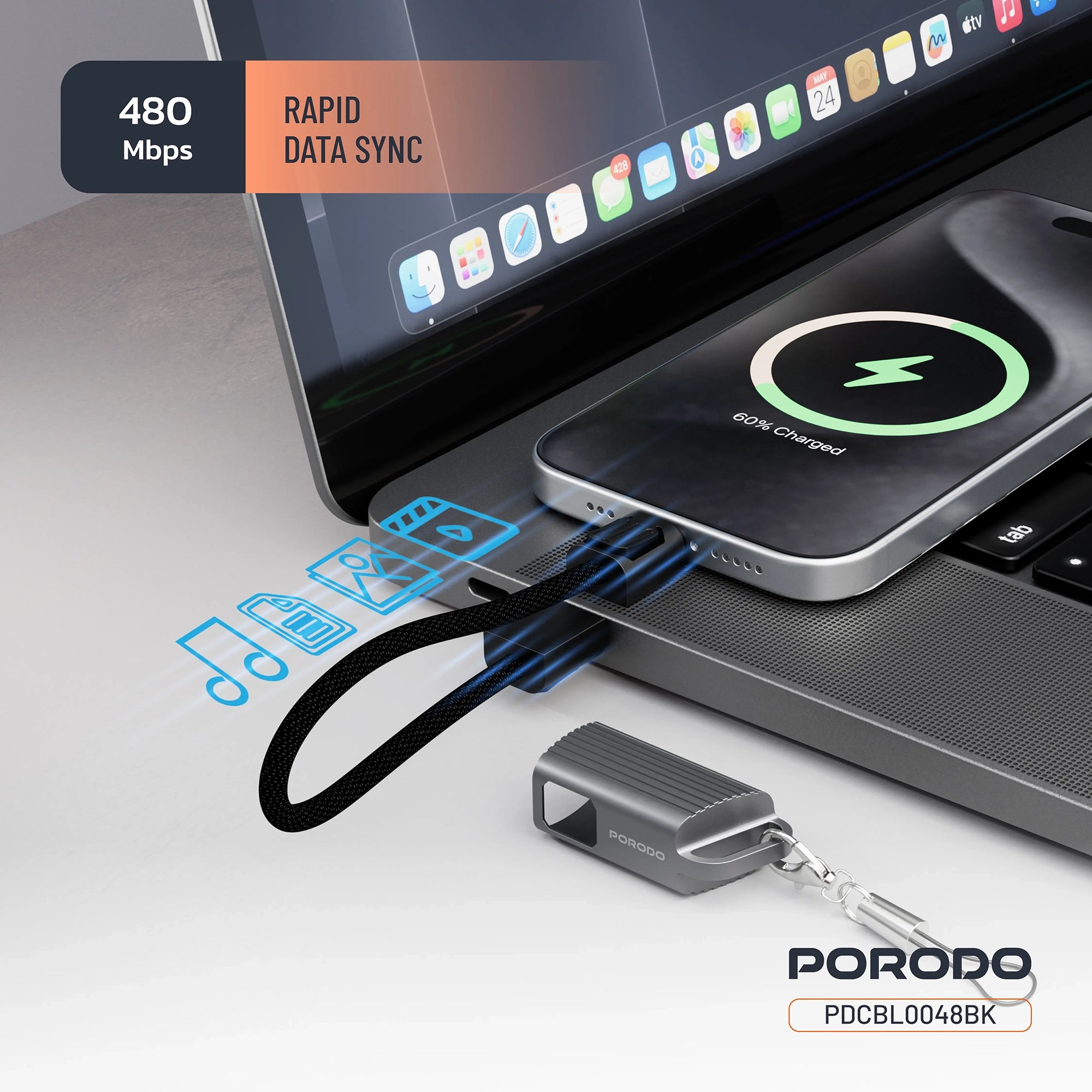 ChargeLoop Keychain Data Cable USB-C to Lightning 30W Fast Charging 480Mbps – Black -Porodo