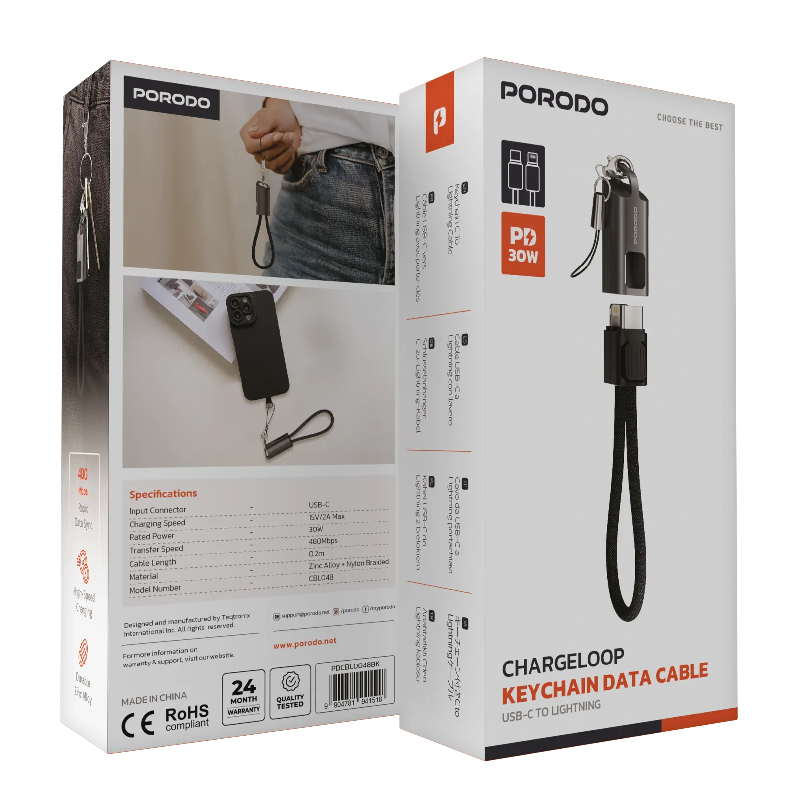كابل بورودو ChargeLoop ميدالية مفاتيح USB-C إلى Lightning شحن سريع 30 واط – أسود