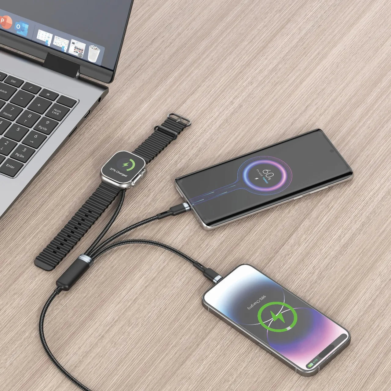 TrioLink 3-in-1 Charging Cable 60W USB-C, Lightning & Apple Watch Charger – Black -Porodo