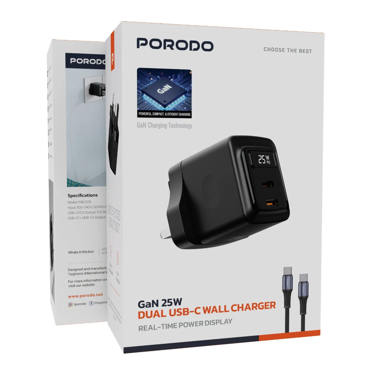GaN 25W Dual USB-C Wall Charger with Real-Time Power Display Fast Charging Adapter – Black - Porodo
