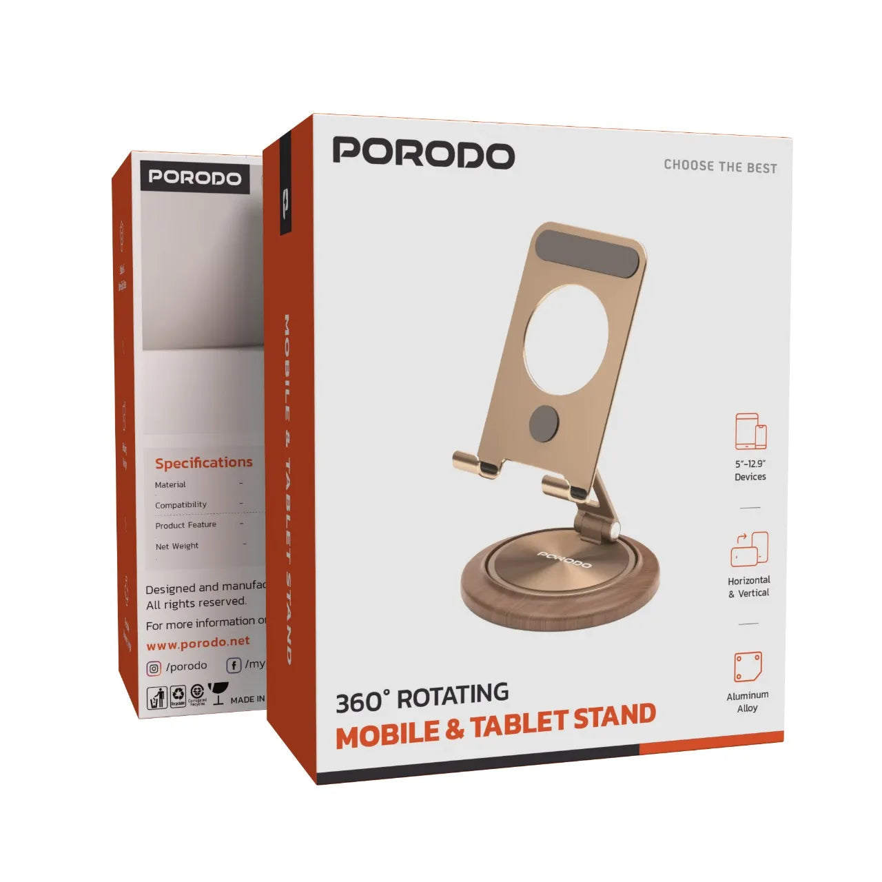 Porodo 360° Rotatable Folding Mobile & Tablet Stand – Aluminum Alloy