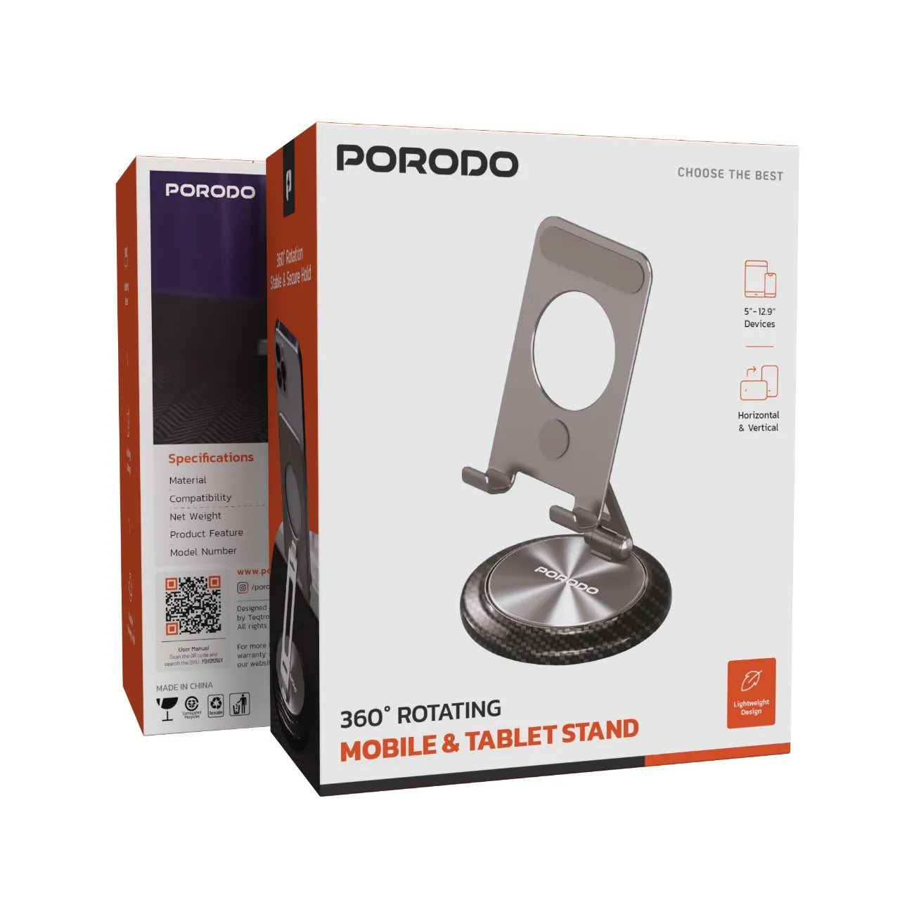 Porodo 360° Rotatable Folding Mobile & Tablet Stand – Aluminum Alloy