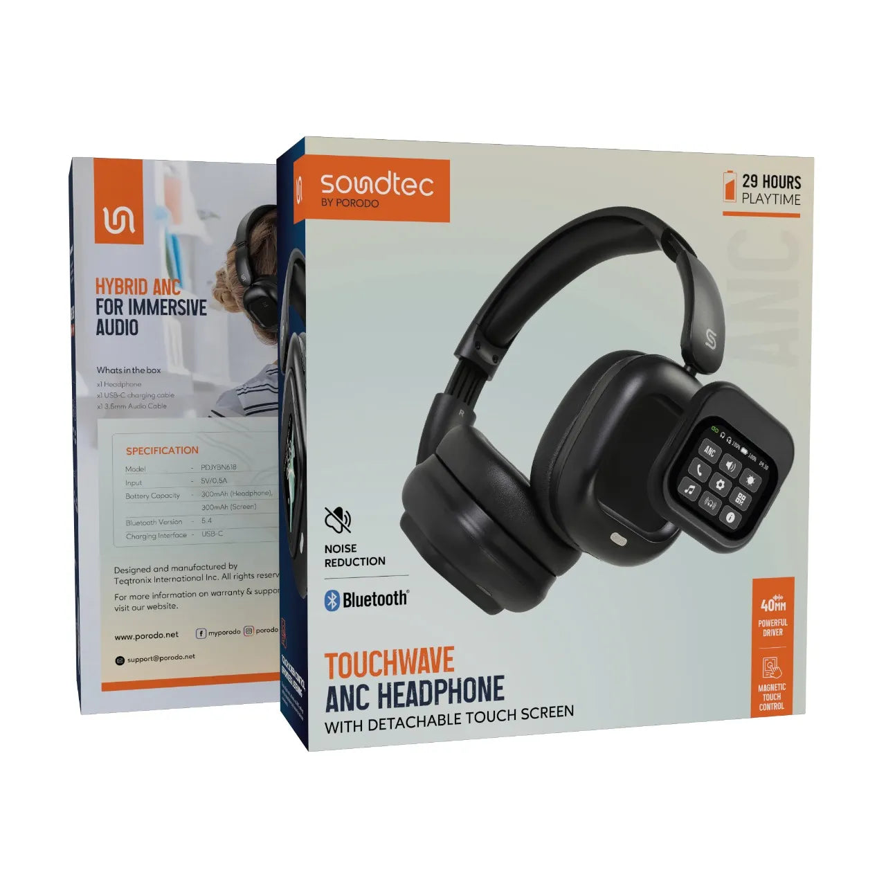 ANC Headphone Touchscreen Magnetic Removable 300mAh – Porodo Soundtec – Black