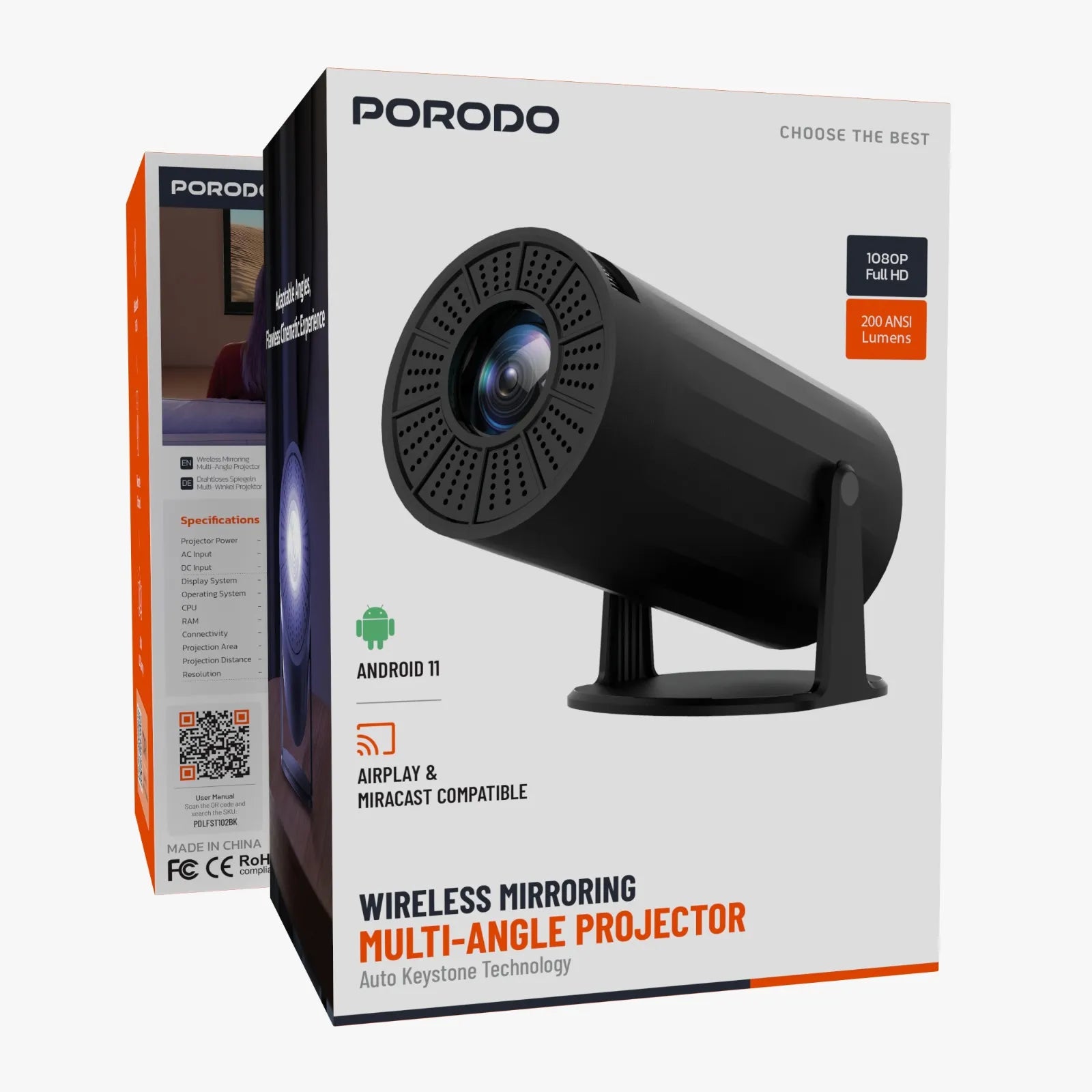 Porodo Wireless Mirroring Multi-Angle Projector Full HD 1080P Android 11 – Black