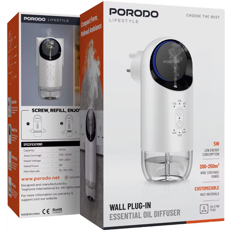 جهاز Porodo Wall Plug-In لتعطير الجو بالزيوت العطرية بسعة 120 مل