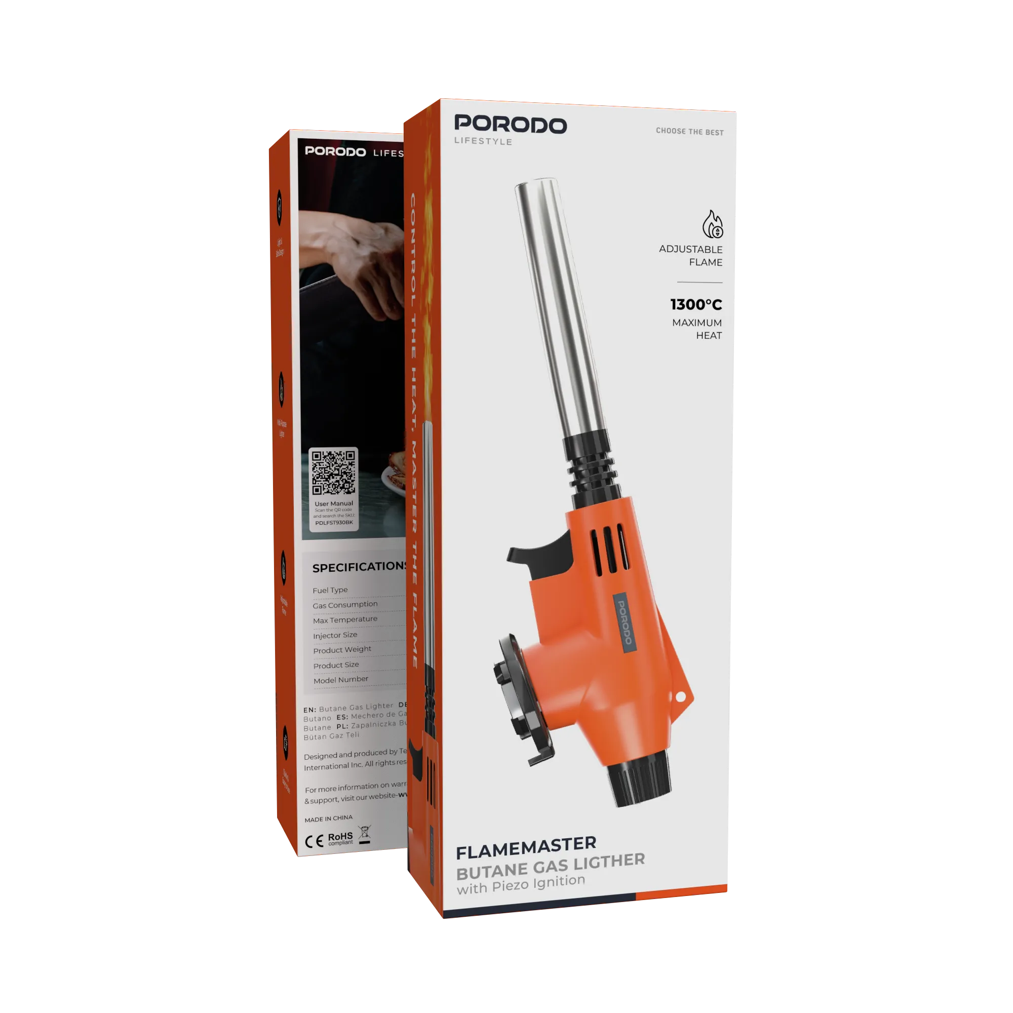 Porodo Lifestyle FlameMaster 14mm Butane Gas Lighter – Black & Orange