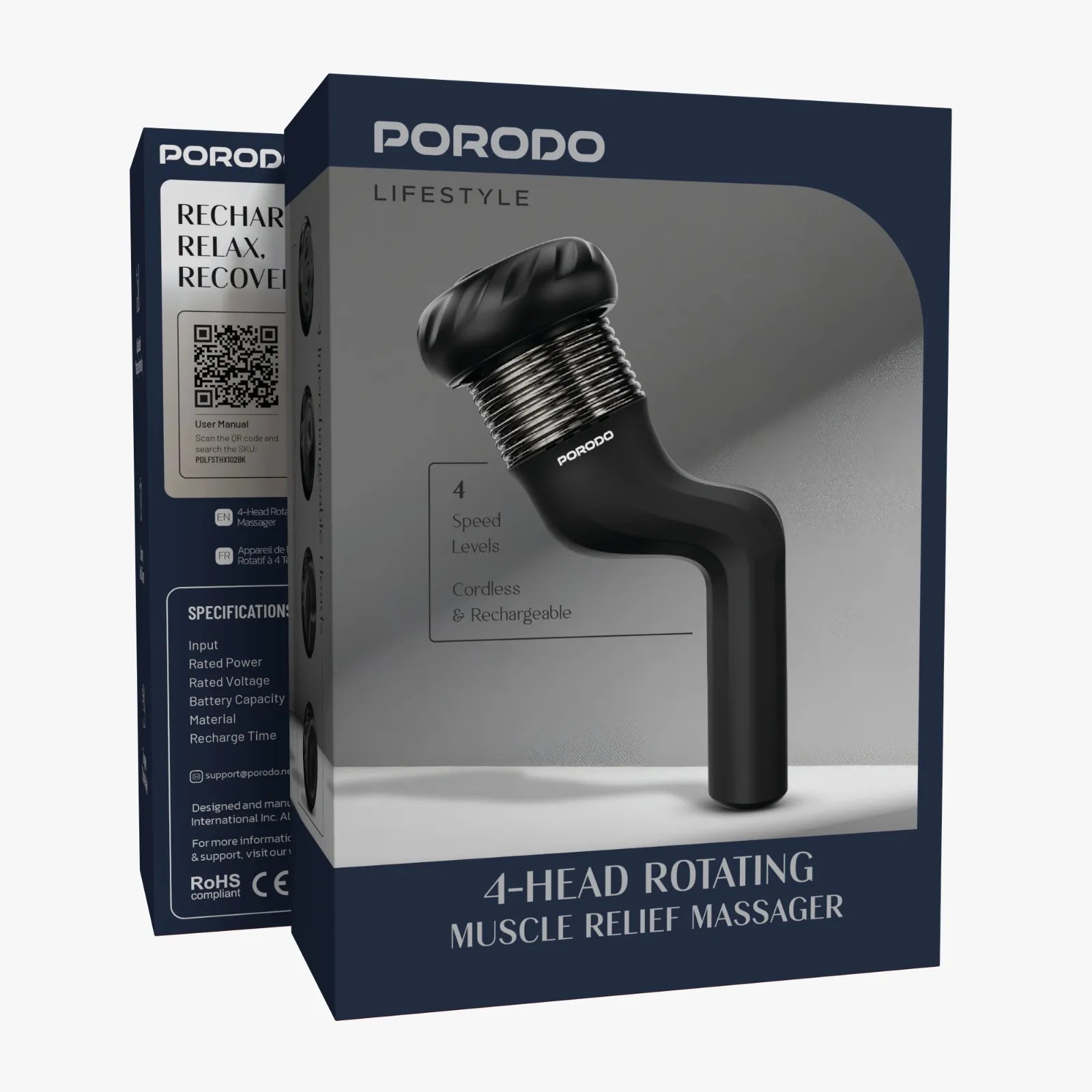 Porodo Portable 4-Head Rotating Massage Gun with Multi-Speed Control – Black