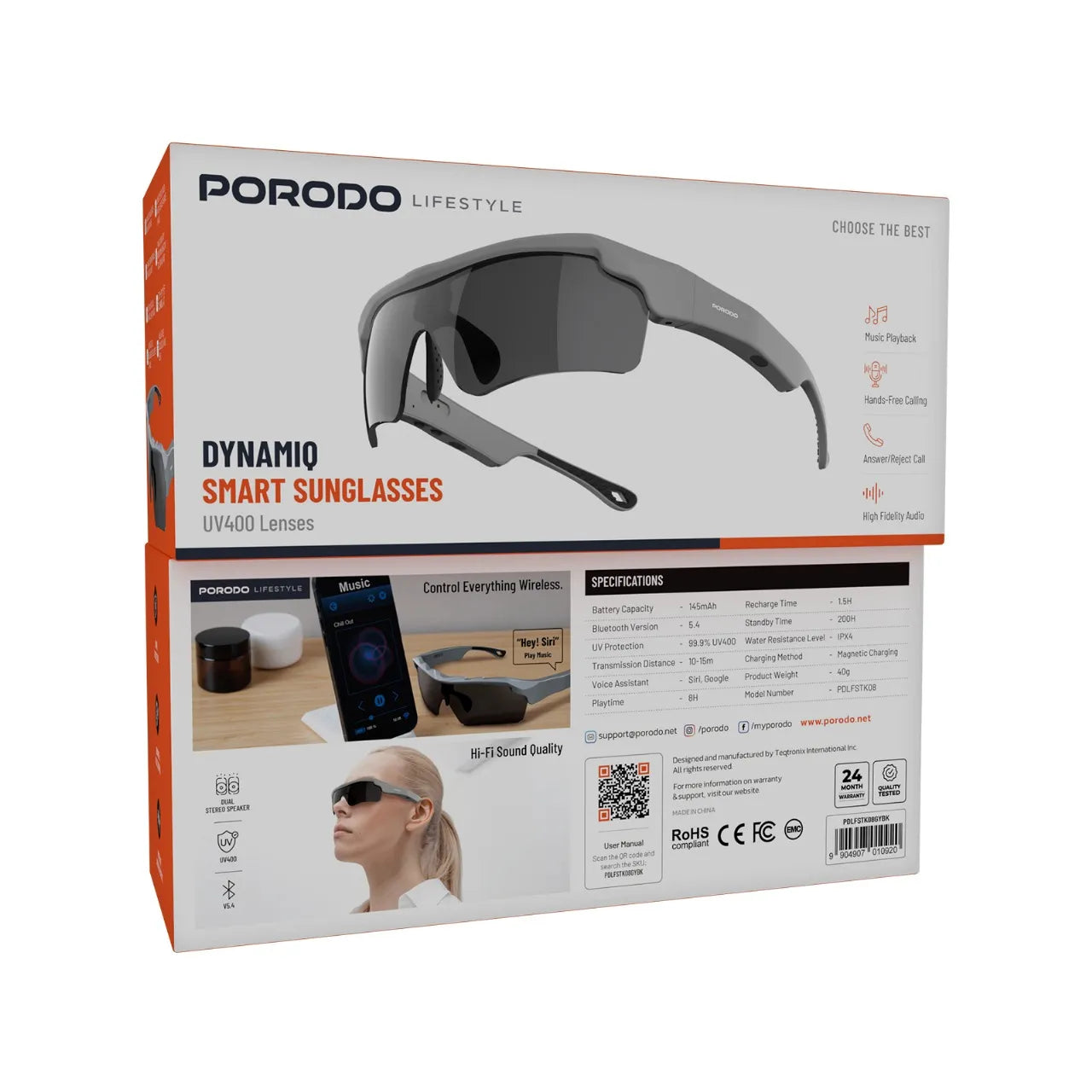 Porodo Dynamiq Lifestyle Bluetooth Smart Glasses with UV400 Protection – Gray & Black
