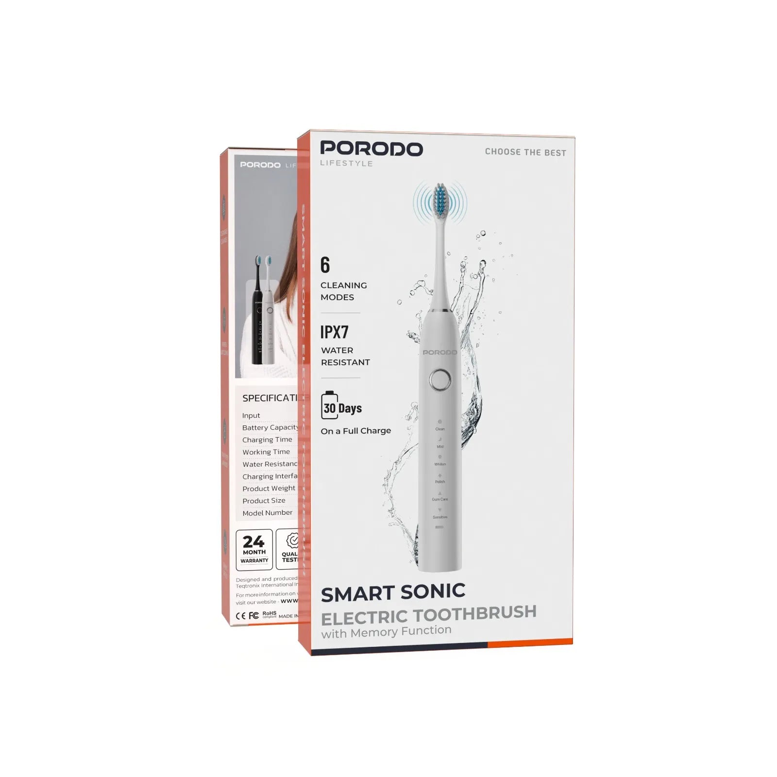 Smart Sonic Electric Toothbrush 6 Cleaning Modes IPX7 with 4 Brush Heads – White -Porodo