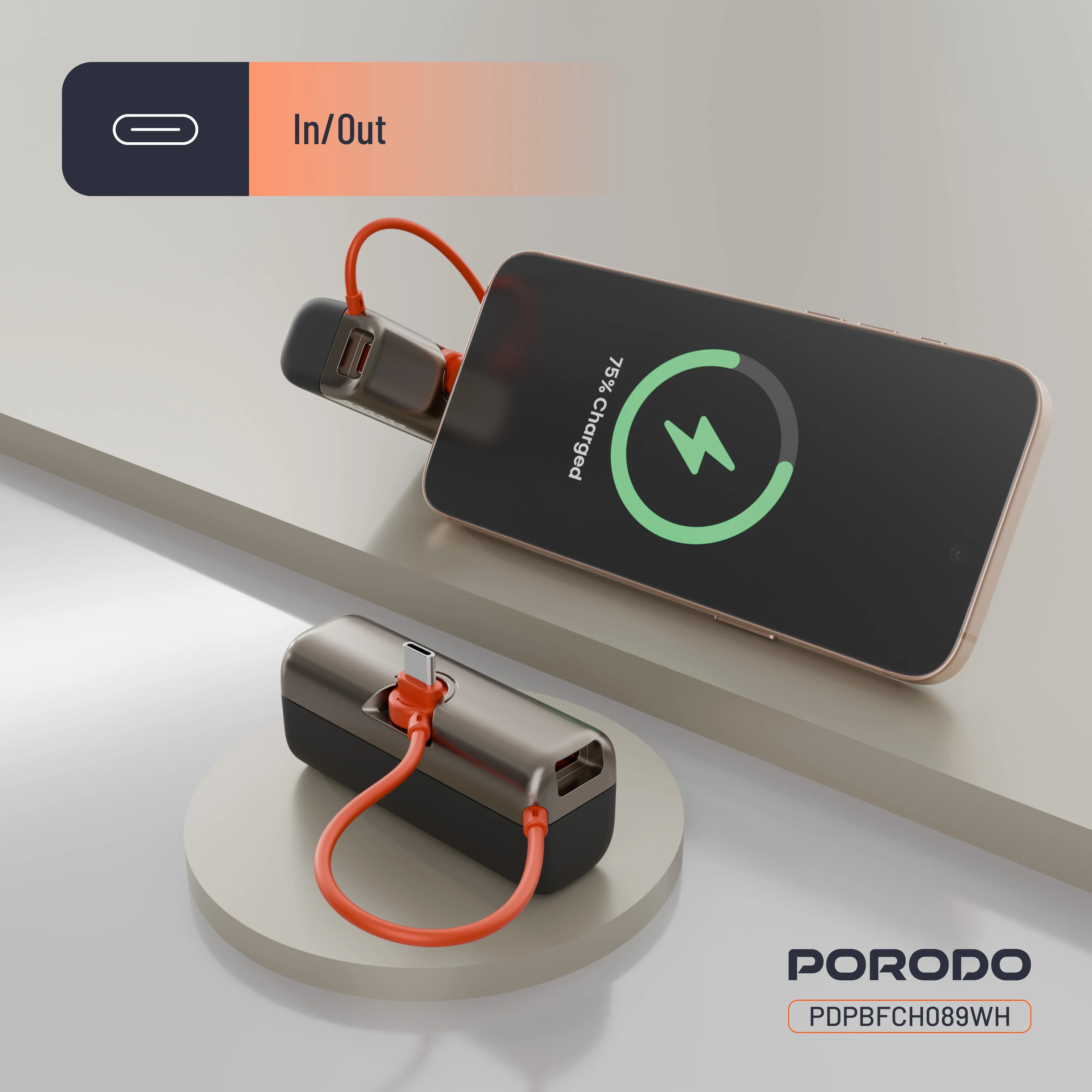باور بانك بورودو Pocket Volt بسعة 5000mAh وشحن سريع 22.5 واط مع كابل Type-C مدمج – أبيض وأسود