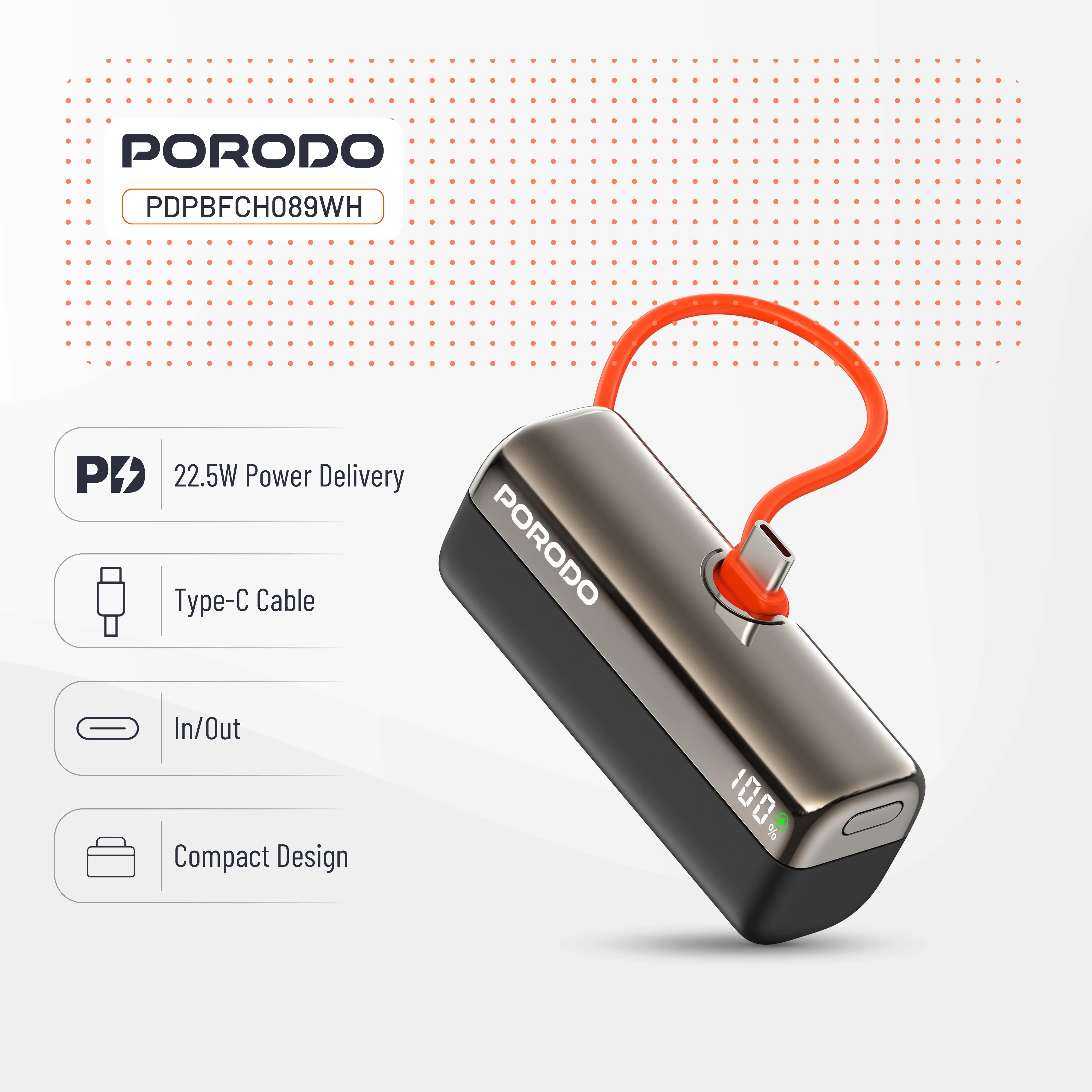 Pocket Volt Power Bank 5000mAh 22.5W Fast Charging Built-in Type-C Cable – White & Black - Porodo