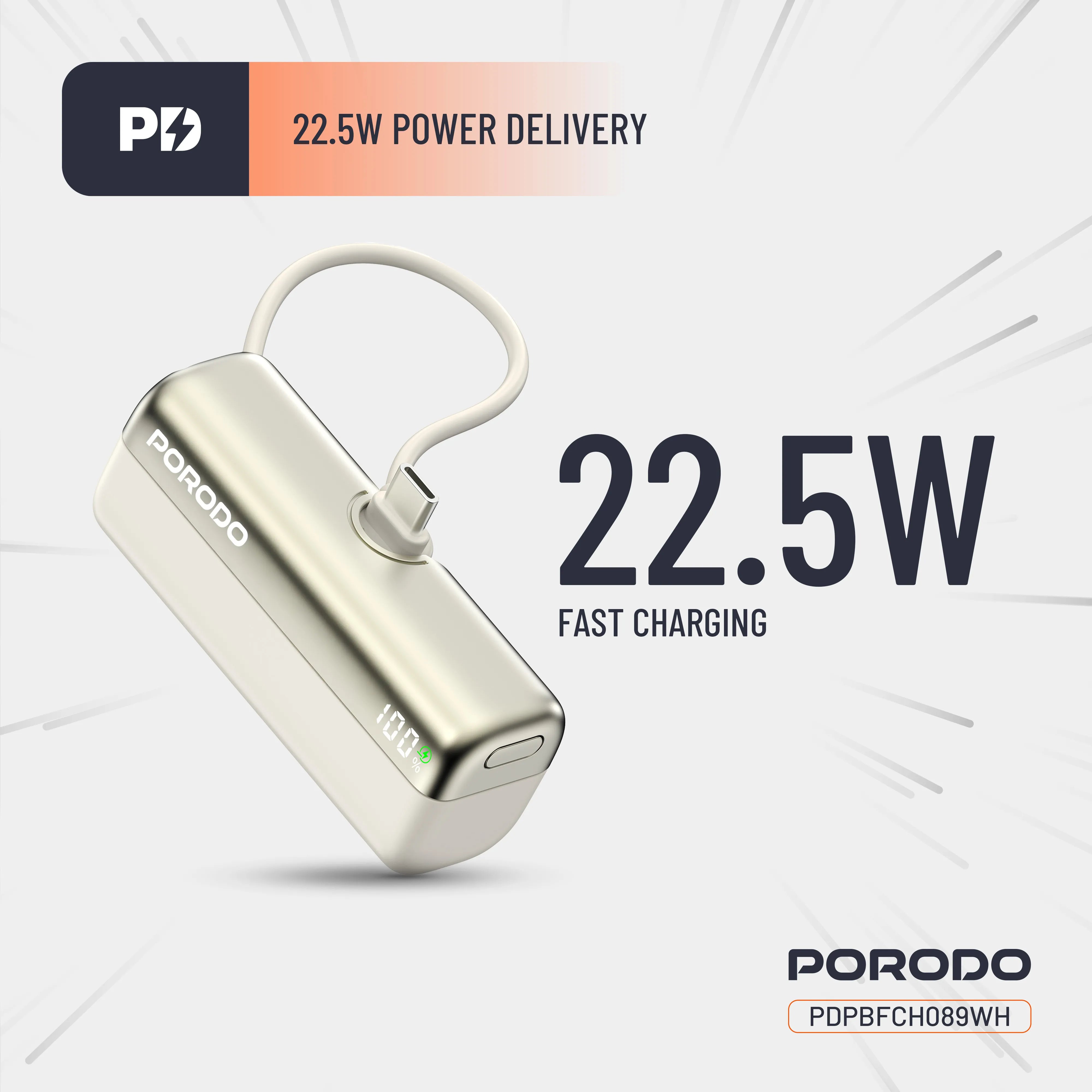باور بانك بورودو Pocket Volt بسعة 5000mAh وشحن سريع 22.5 واط مع كابل Type-C مدمج – أبيض وأسود