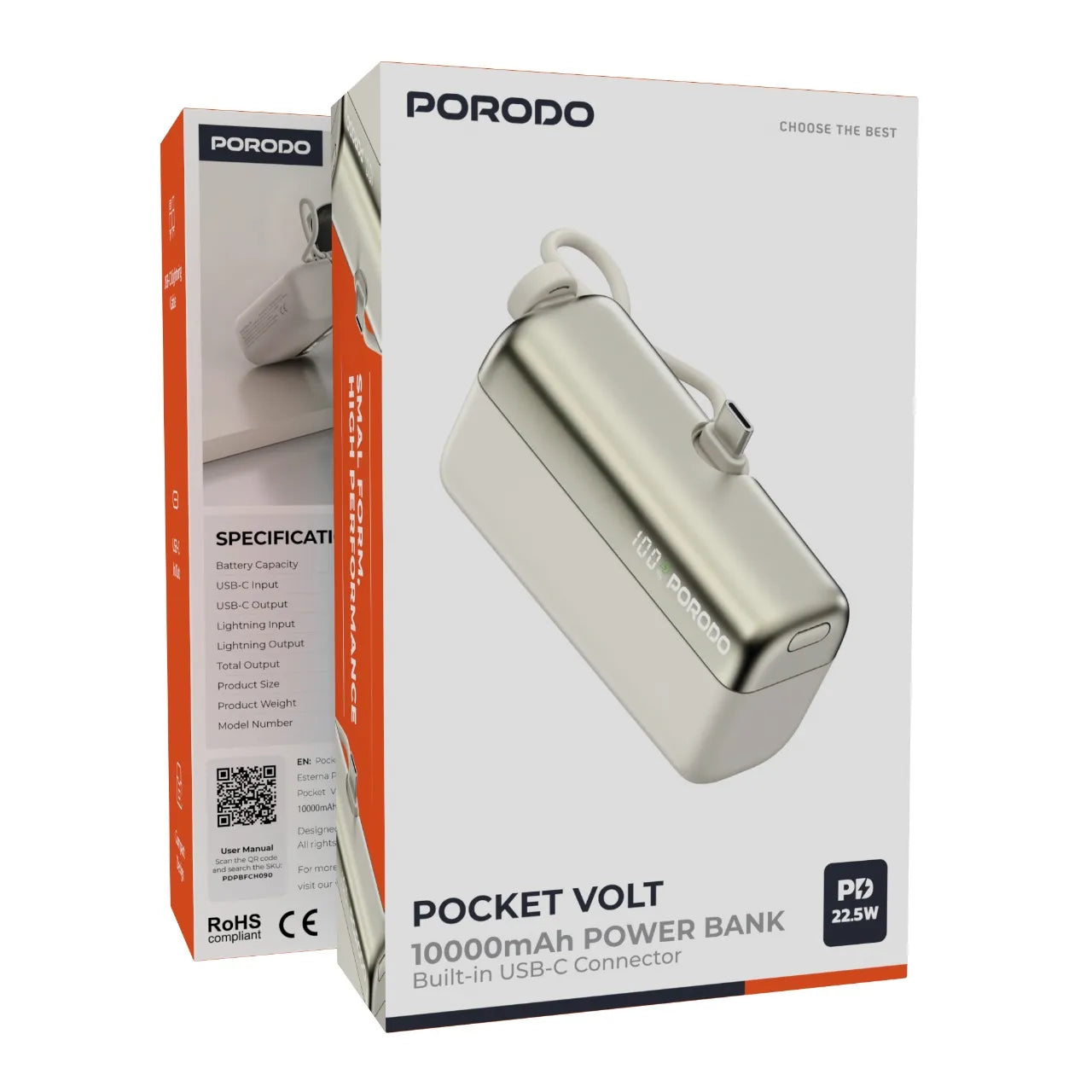 باور بانك بورودو Pocket Volt بسعة 10000mAh وشحن سريع 22.5 واط مع كابل Type-C مدمج – أسود / أبيض