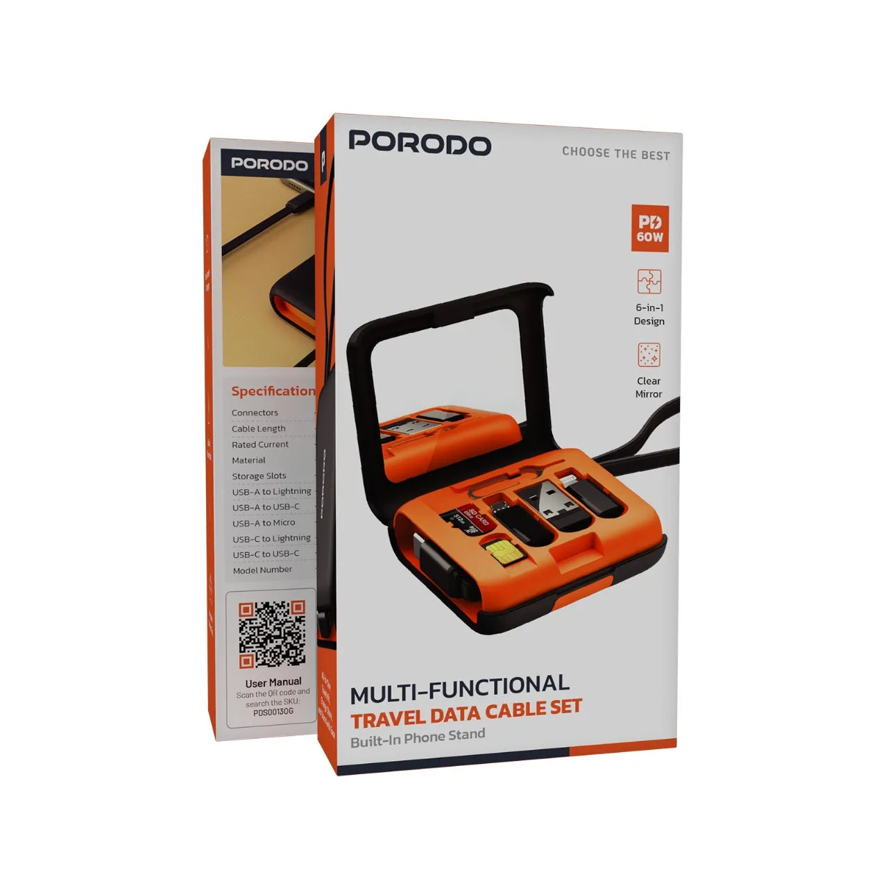 Porodo 6-in-1 Multifunctional Travel Cable Kit with USB-C, Lightning & SIM Storage