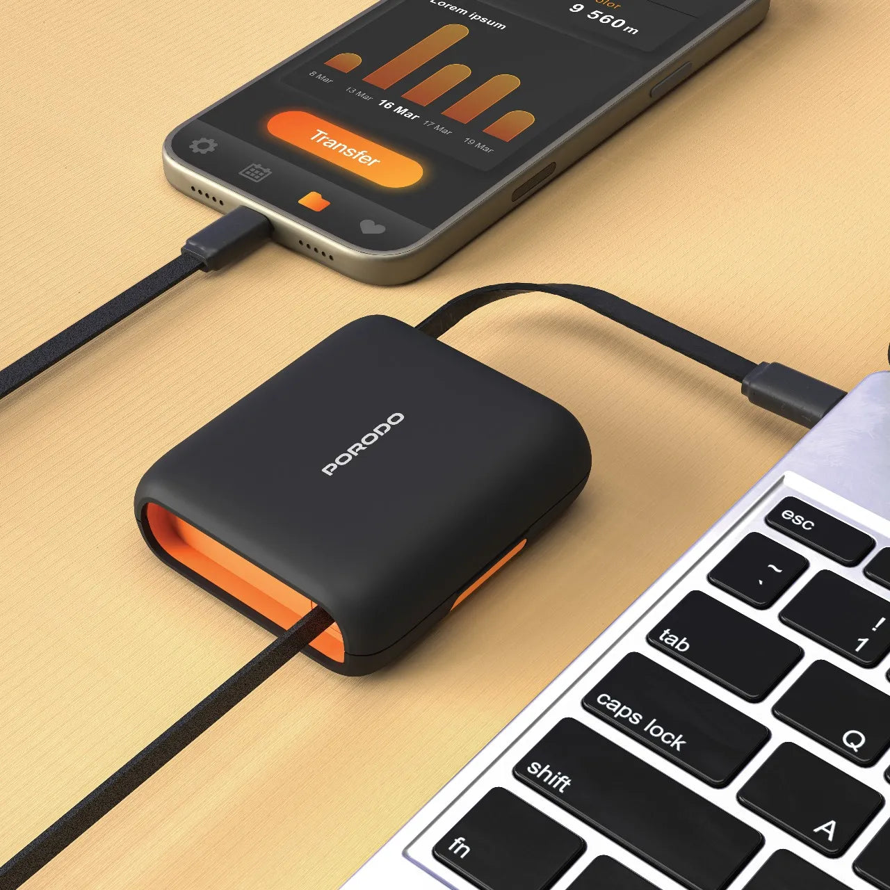 Porodo 6-in-1 Multifunctional Travel Cable Kit with USB-C, Lightning & SIM Storage