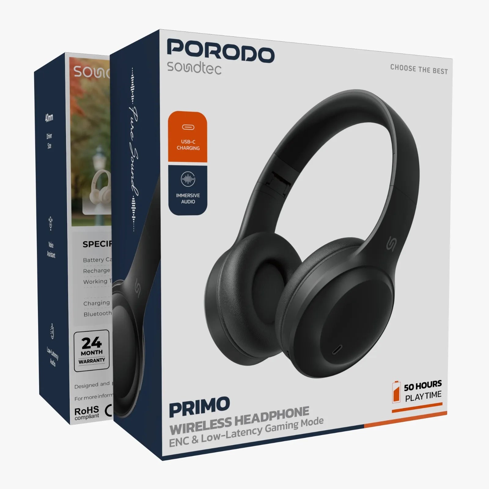 سماعات Porodo Soundtec Primo اللاسلكية مع ENC ووضع الألعاب منخفض التأخير – أسود / بيج