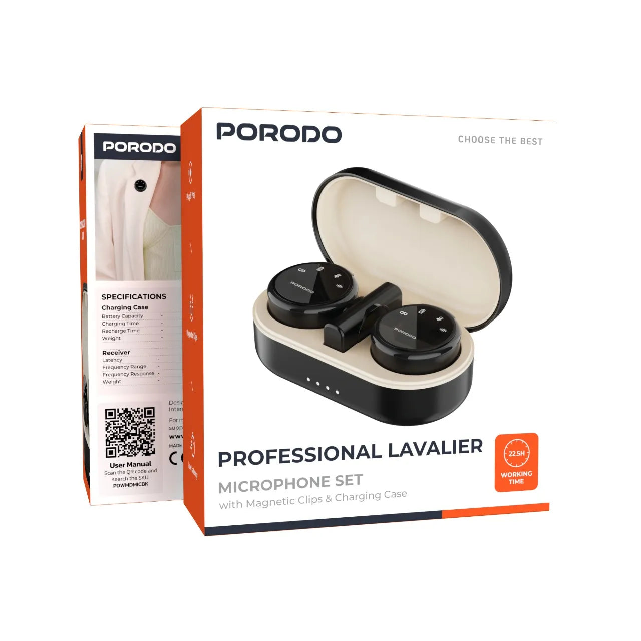 Porodo Professional Lavalier Wireless Microphone Set with Magnetic Clips & Charging Case – Black