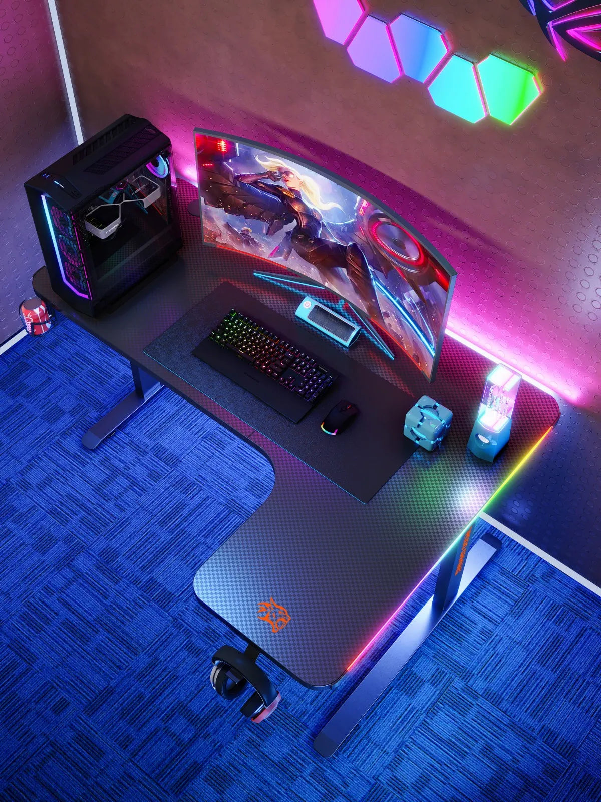 مكتب جيمينج RGB بسطح كاربون فايبر مع حاملات – بورودو Porodo Gaming