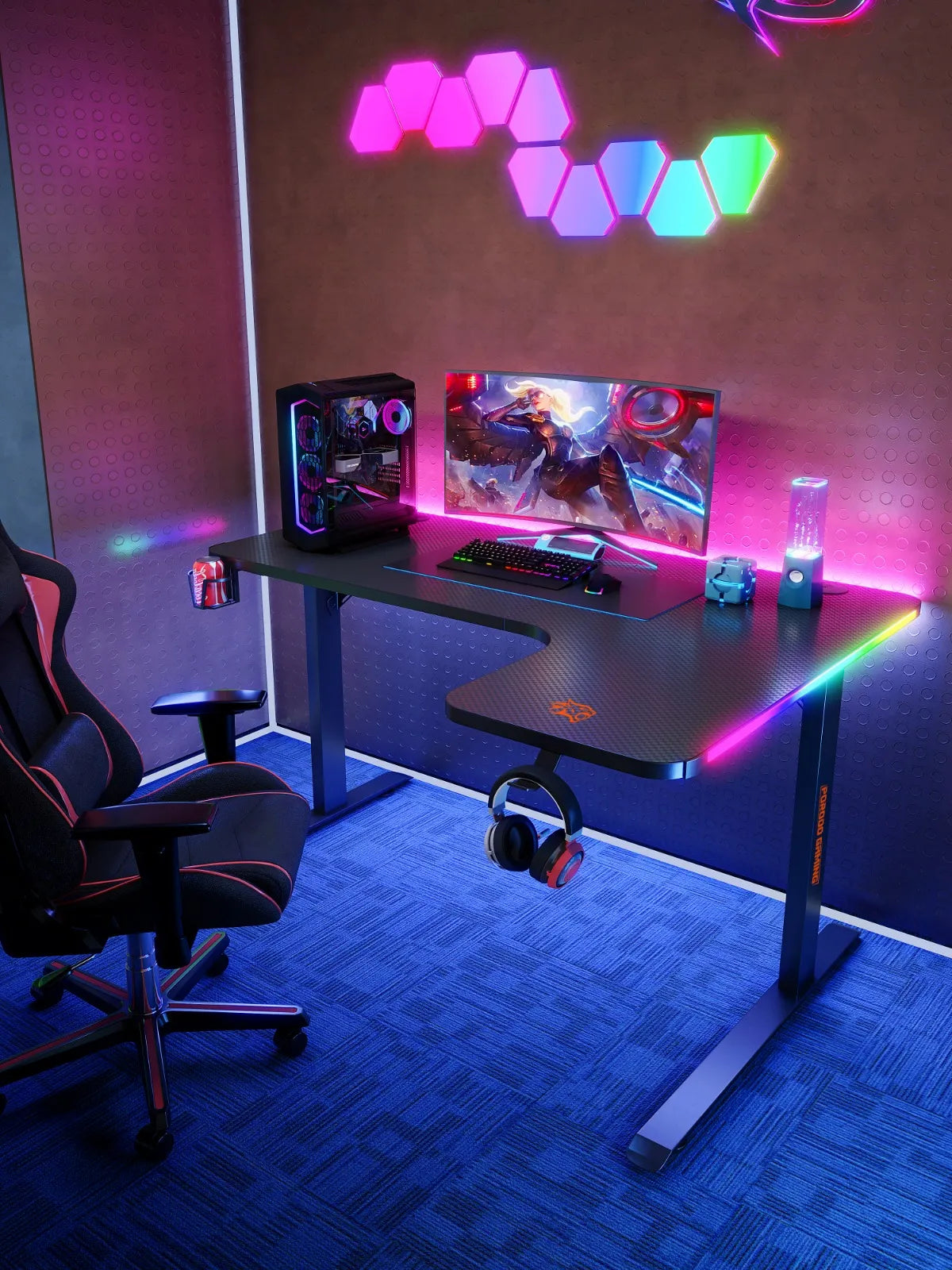 مكتب جيمينج RGB بسطح كاربون فايبر مع حاملات – بورودو Porodo Gaming