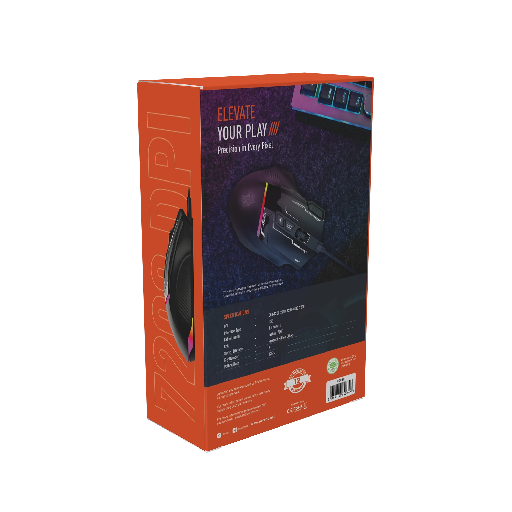 ماوس جيمينج سلكي RGB بدقة 7200 DPI مع 8 أزرار قابلة للبرمجة – بورودو Porodo Gaming