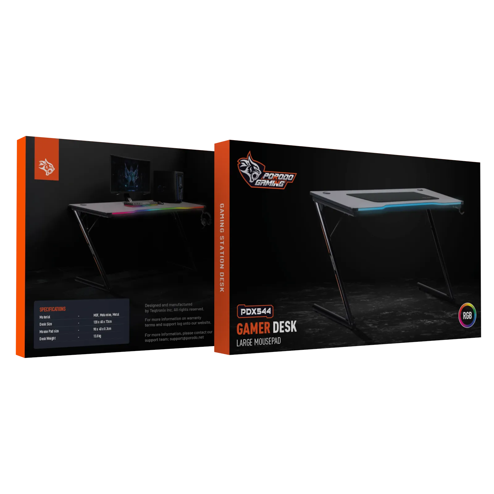 Porodo Gaming RGB Desk with Large Mousepad – 120×60cm, LED Lighting, Headphone Hook