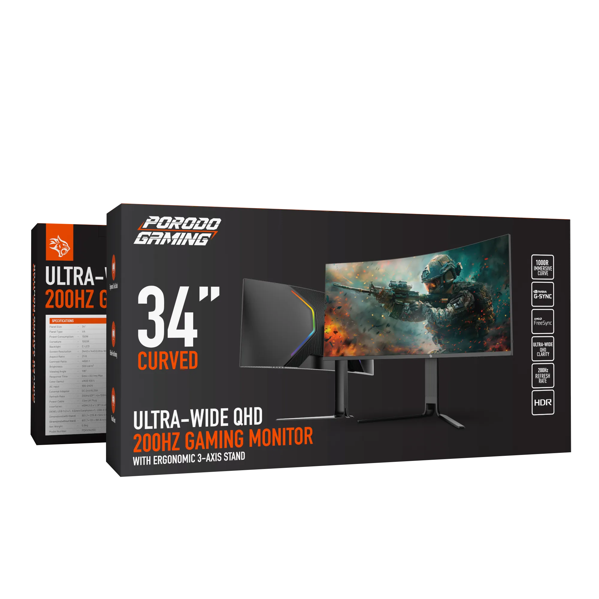 Porodo Gaming 34" Curved Ultra-Wide QHD Monitor – 200Hz, HDR, Black
