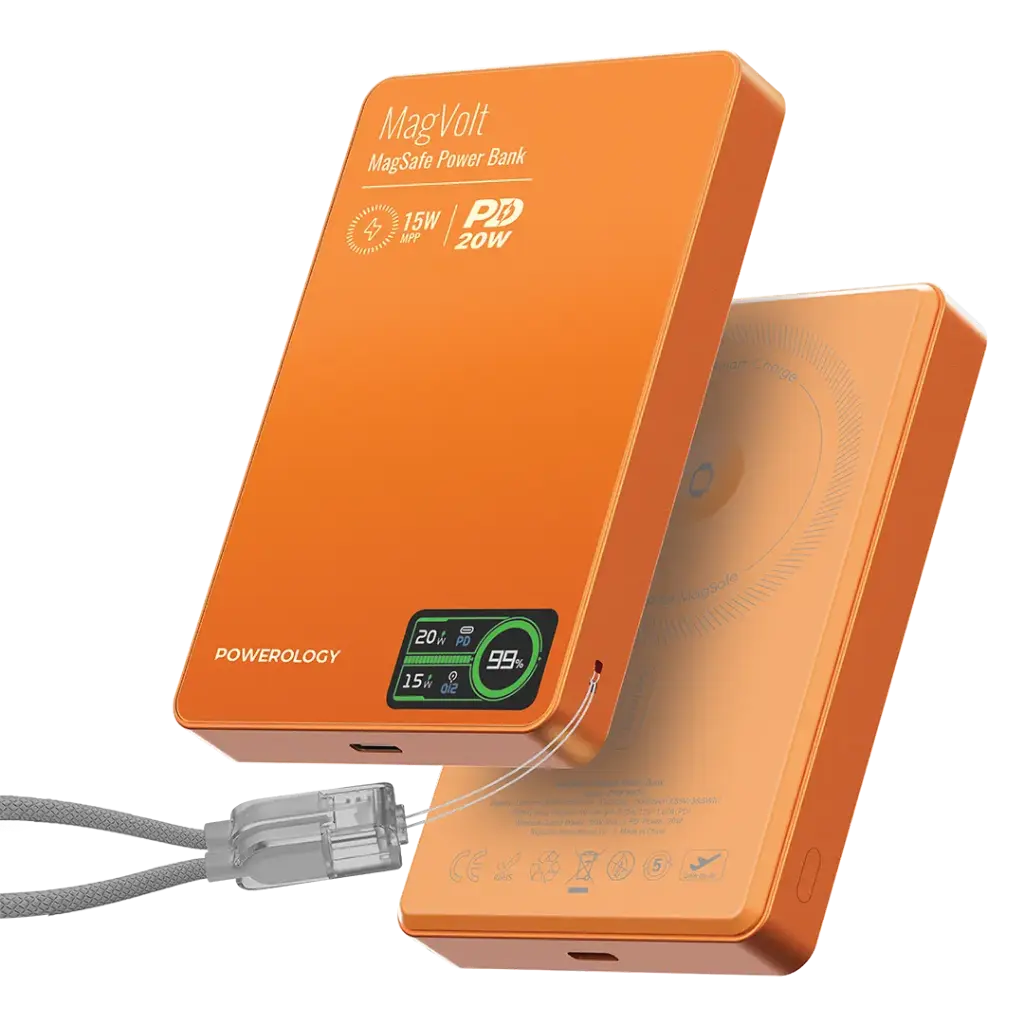 Powerology MagVolt 10000mAh Magnetic Wireless Power Bank with TFT Display & 20W PD Fast Charging – Black & Orange