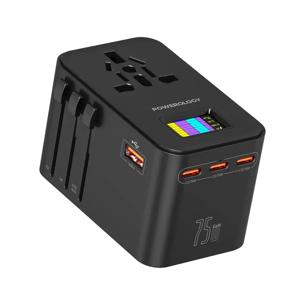 Powerology GaN 75W Universal Travel Adapter with Digital Display, 3 USB-C & USB-A Ports – Black