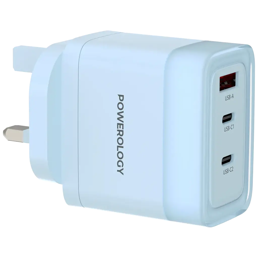 Powerology Lunex Series 65W Fast Charging Adapter USB-C + USB-C + USB-A – Multiple Colors