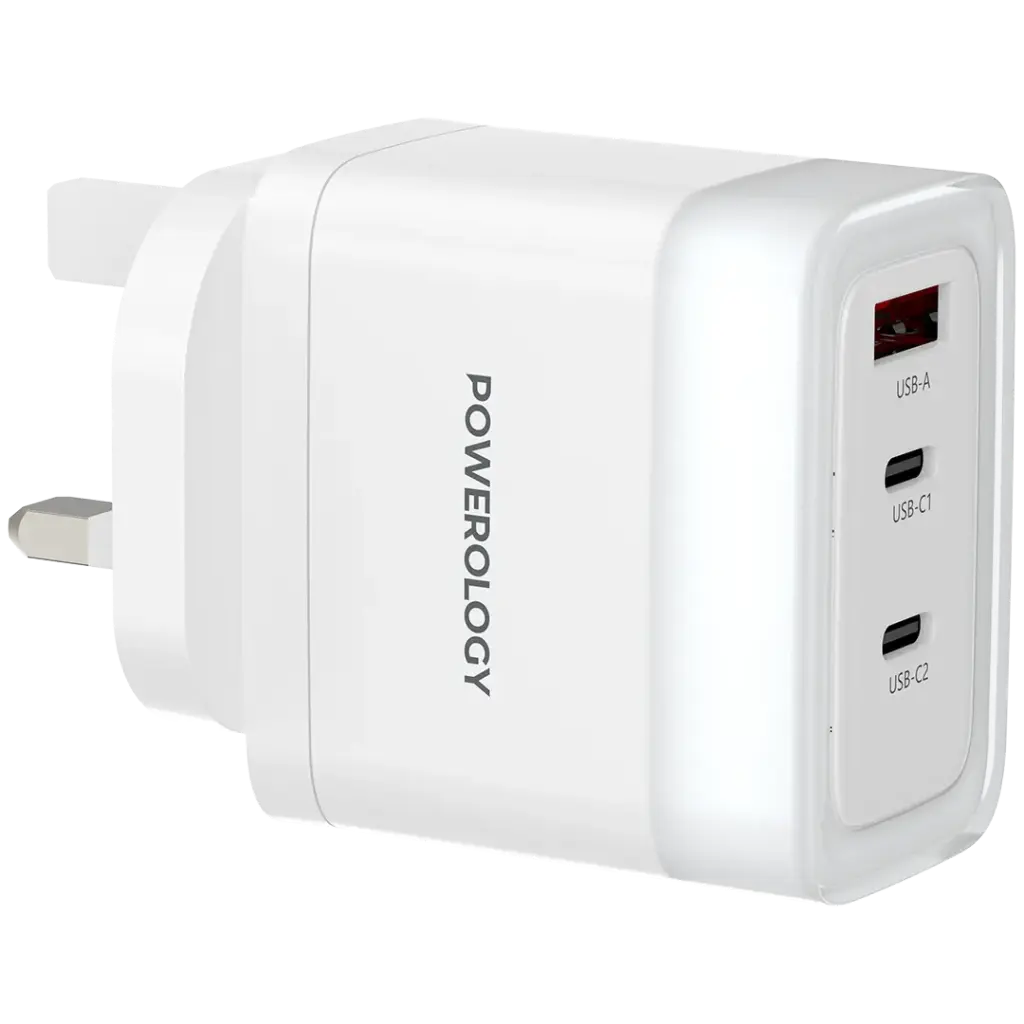 Powerology Lunex Series 65W Fast Charging Adapter USB-C + USB-C + USB-A – Multiple Colors