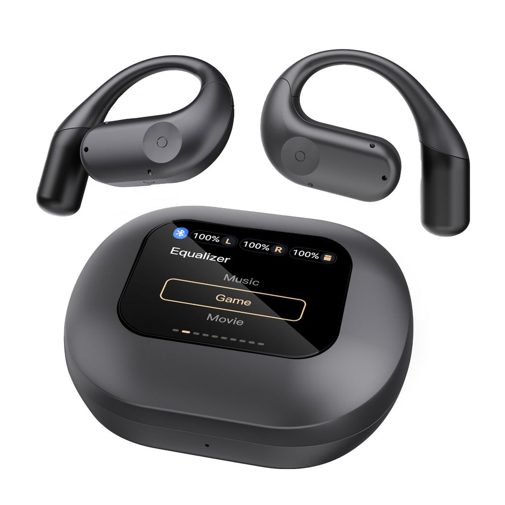 Powerology Open-Ear Air Conduction ENC TWS Earbuds with Smart Display Charging Case – Black