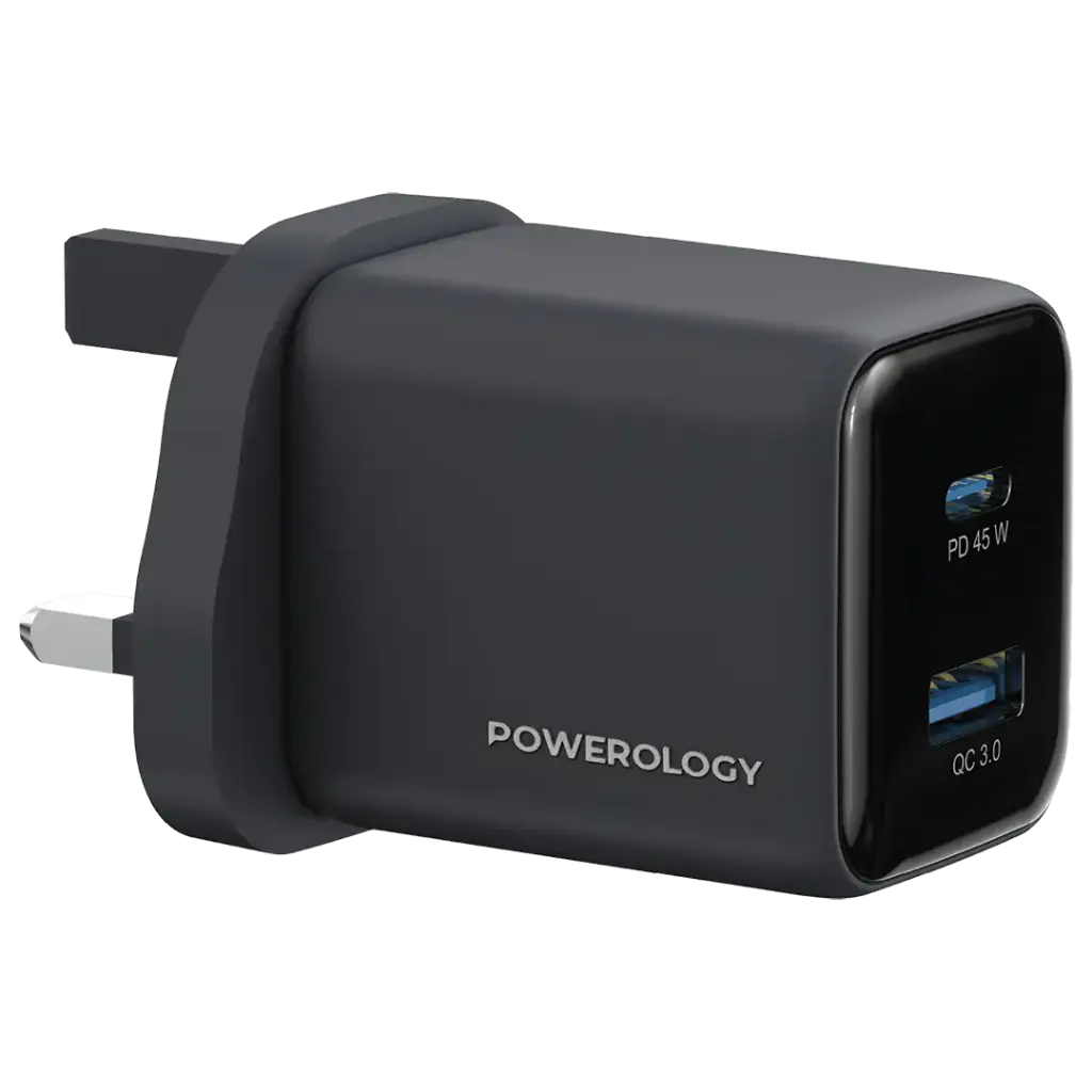 Powerology Volt-X 45W Dual Port GaN Wall Charger USB-C PD + USB-A QC 3.0 – Black