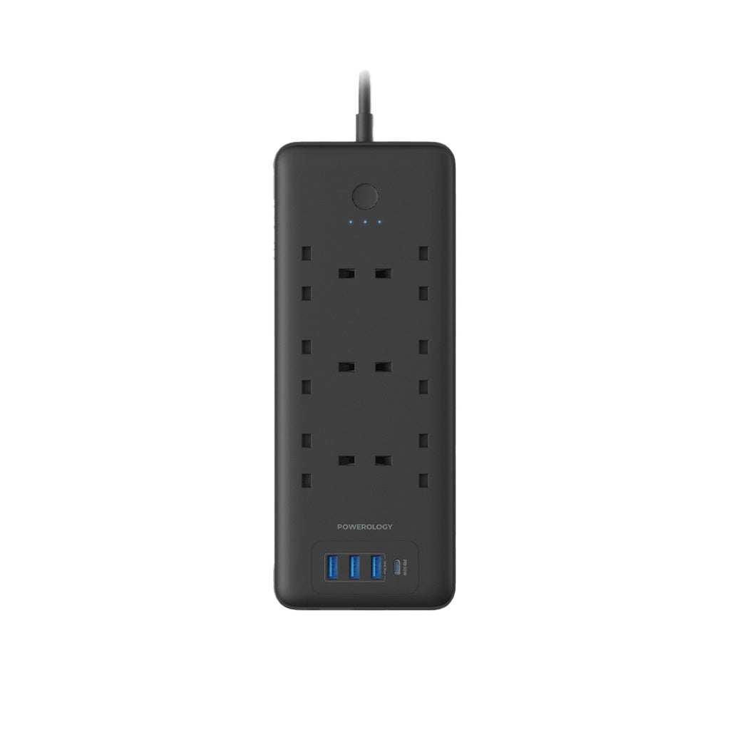 Powerology 48W Power Strip with 6 AC Outlets, 30W PD USB-C & 3 QC USB-A Ports – UK Plug – Black