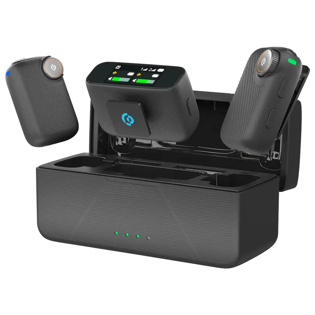 Powerology Pure Q1 AI Noise-Cancelling Wireless Microphone System with Touchscreen Display – Black