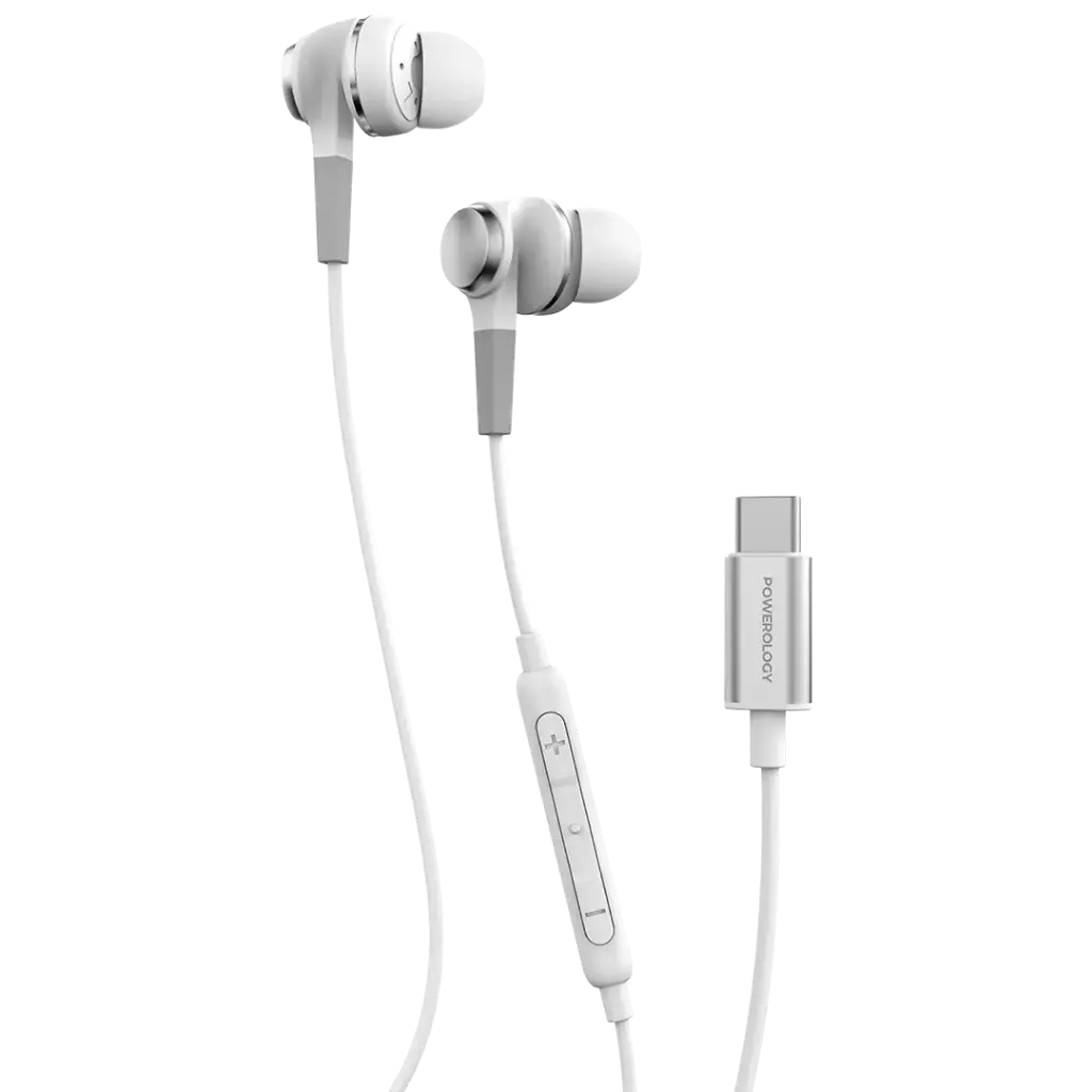 Powerology Type-C Stereo Earphones with HD Audio, 11mm Drivers & In-Line Controls – White