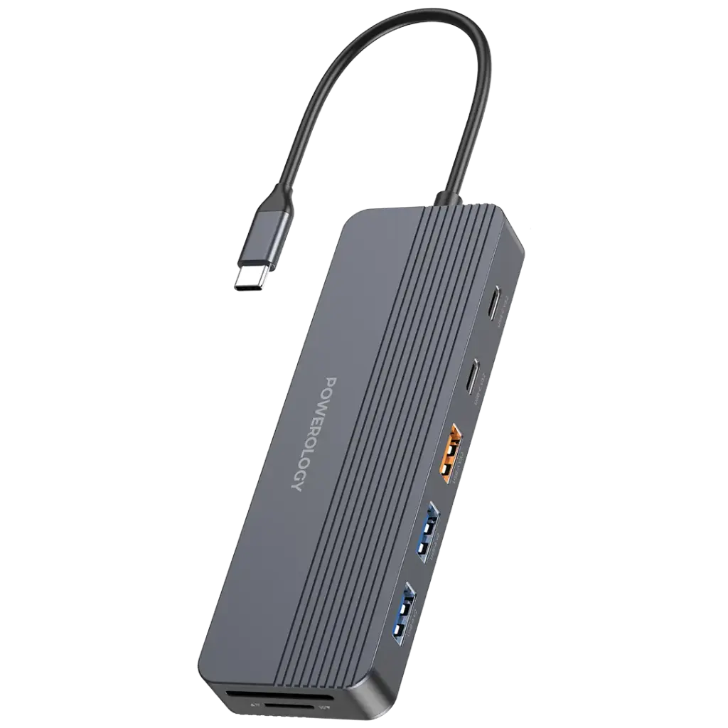 Powerology 12-in-1 USB-C Multi-Port Hub with 100W Power Delivery, 10Gbps Data Transfer & Dual 4K Display – Gray