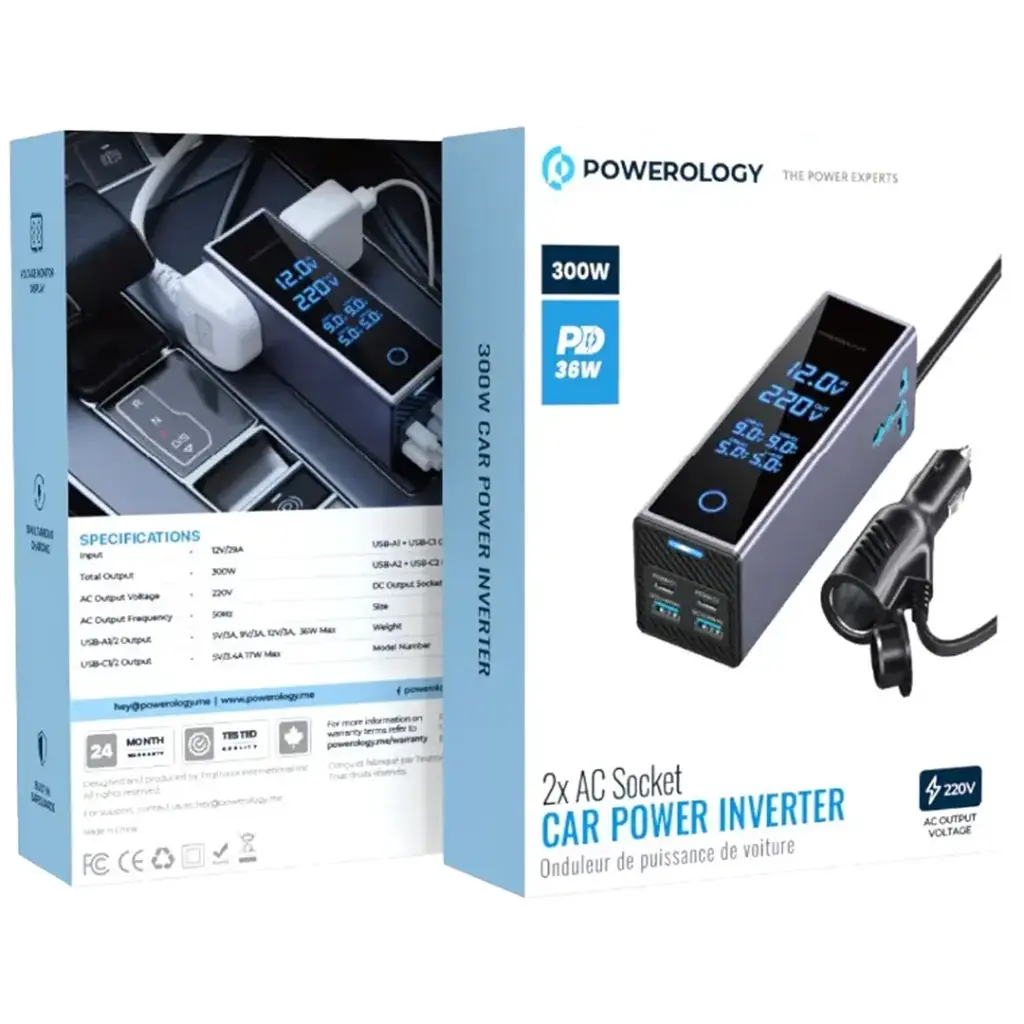 Powerology 200W Car Power Inverter with Dual AC Sockets, PD 36W USB-C & Retractable Cable – Gray